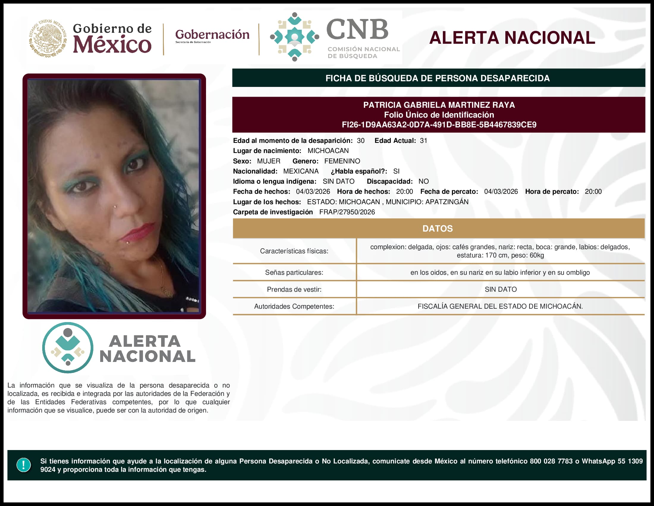 Persona desaparecida Patricia Gabriela Martinez Raya