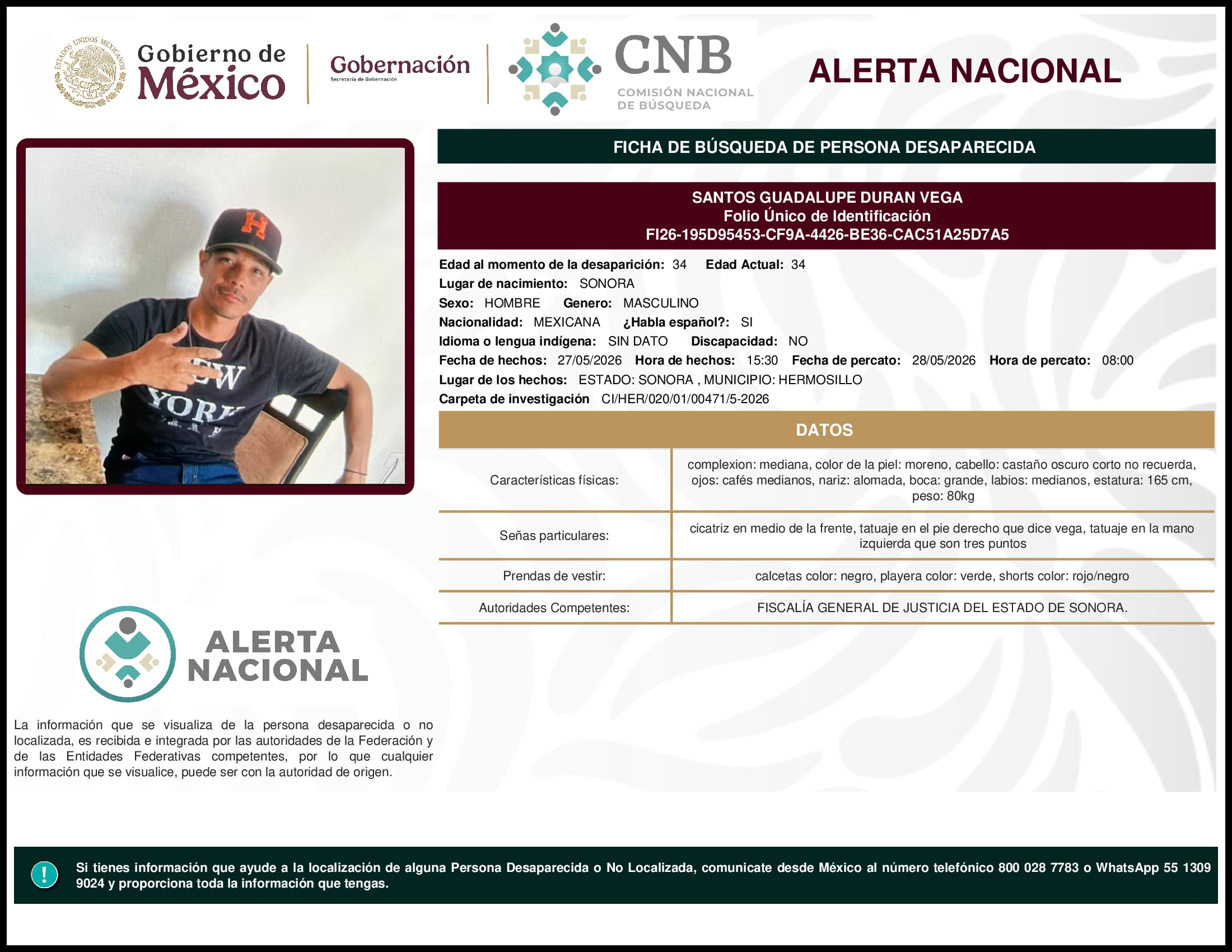 Persona desaparecida Santos Guadalupe Duran Vega