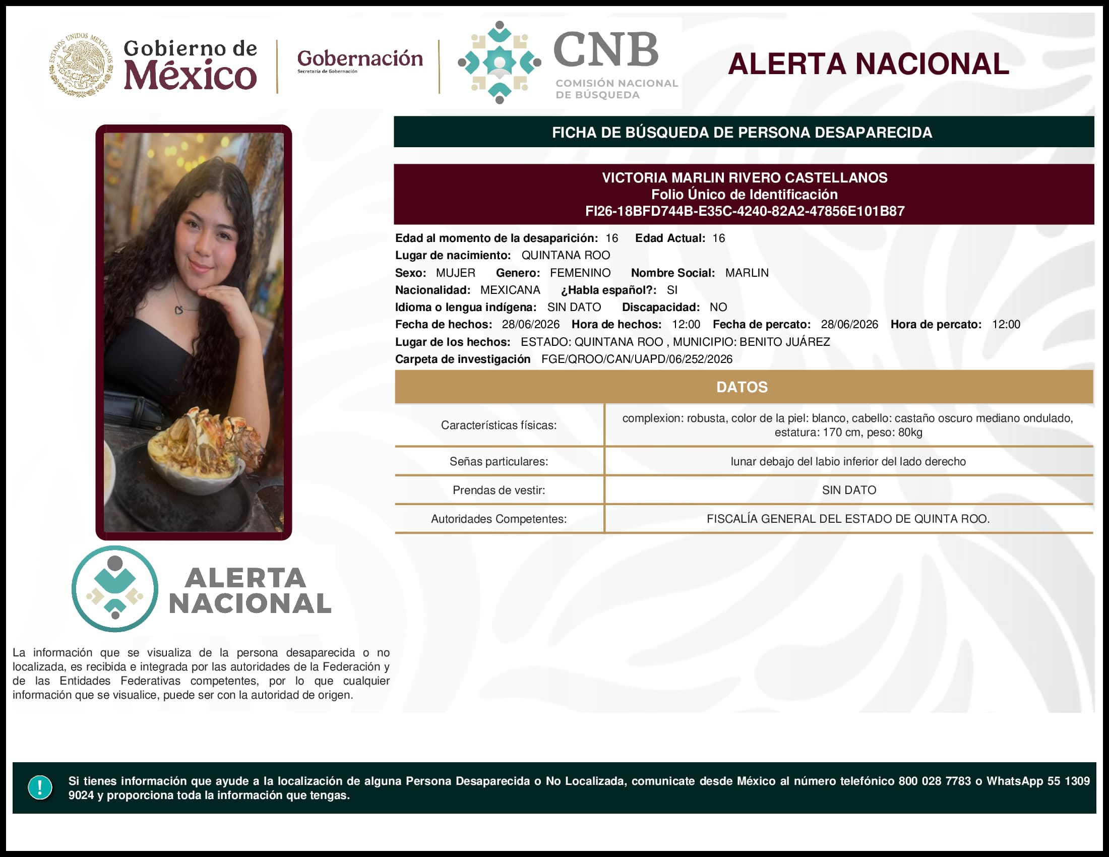 Persona desaparecida Victoria Marlin Rivero Castellanos