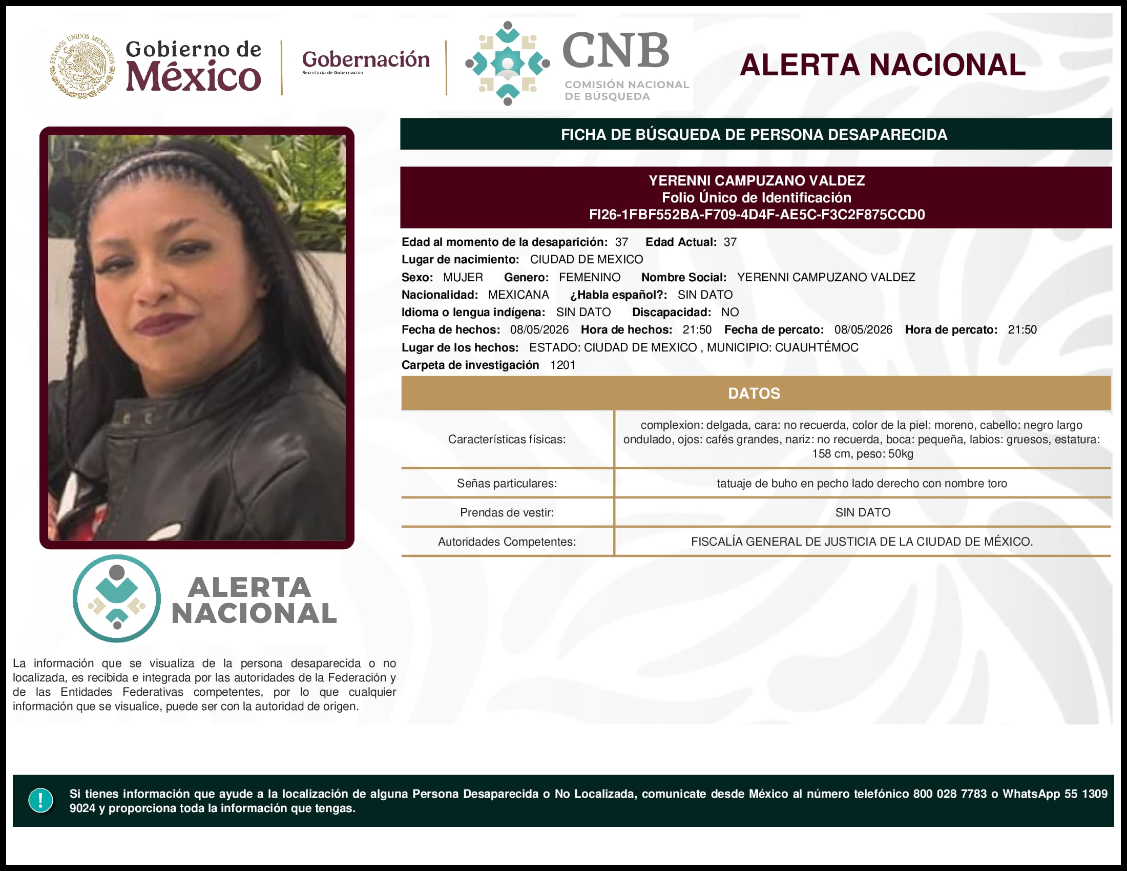 Persona desaparecida Yerenni Campuzano Valdez
