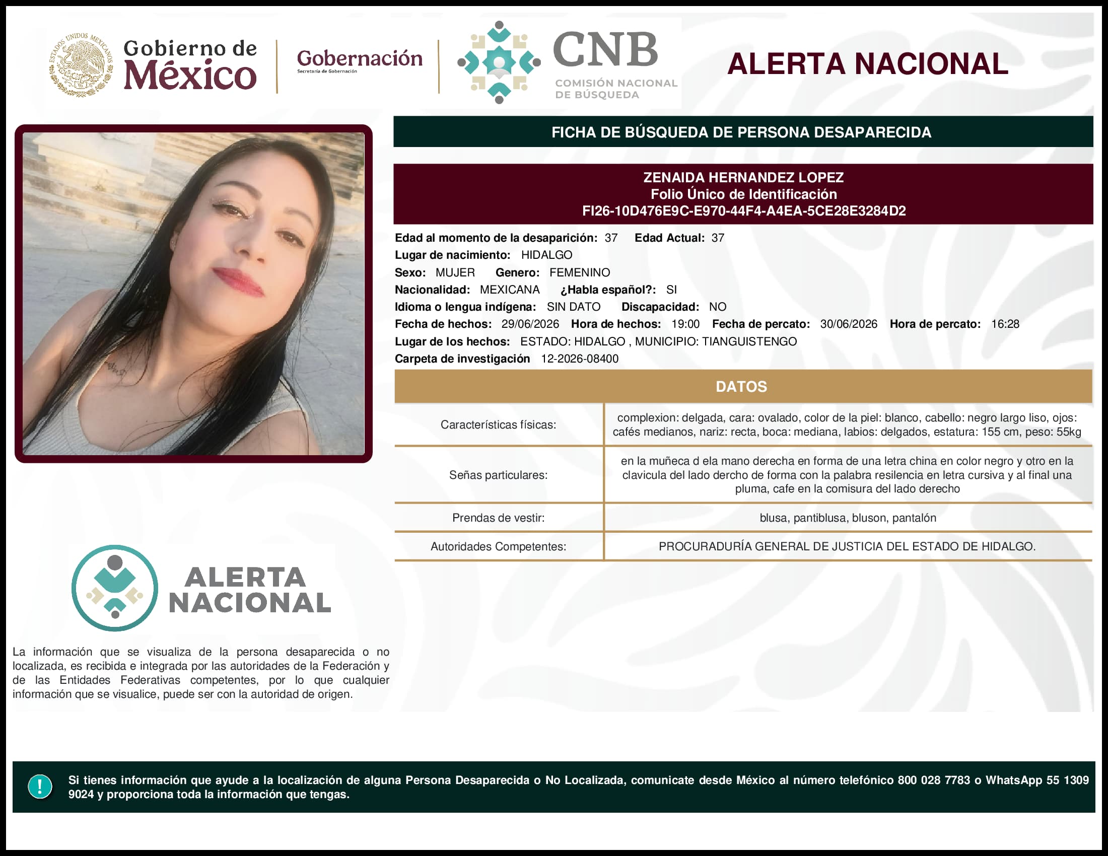 Persona desaparecida Zenaida Hernandez Lopez