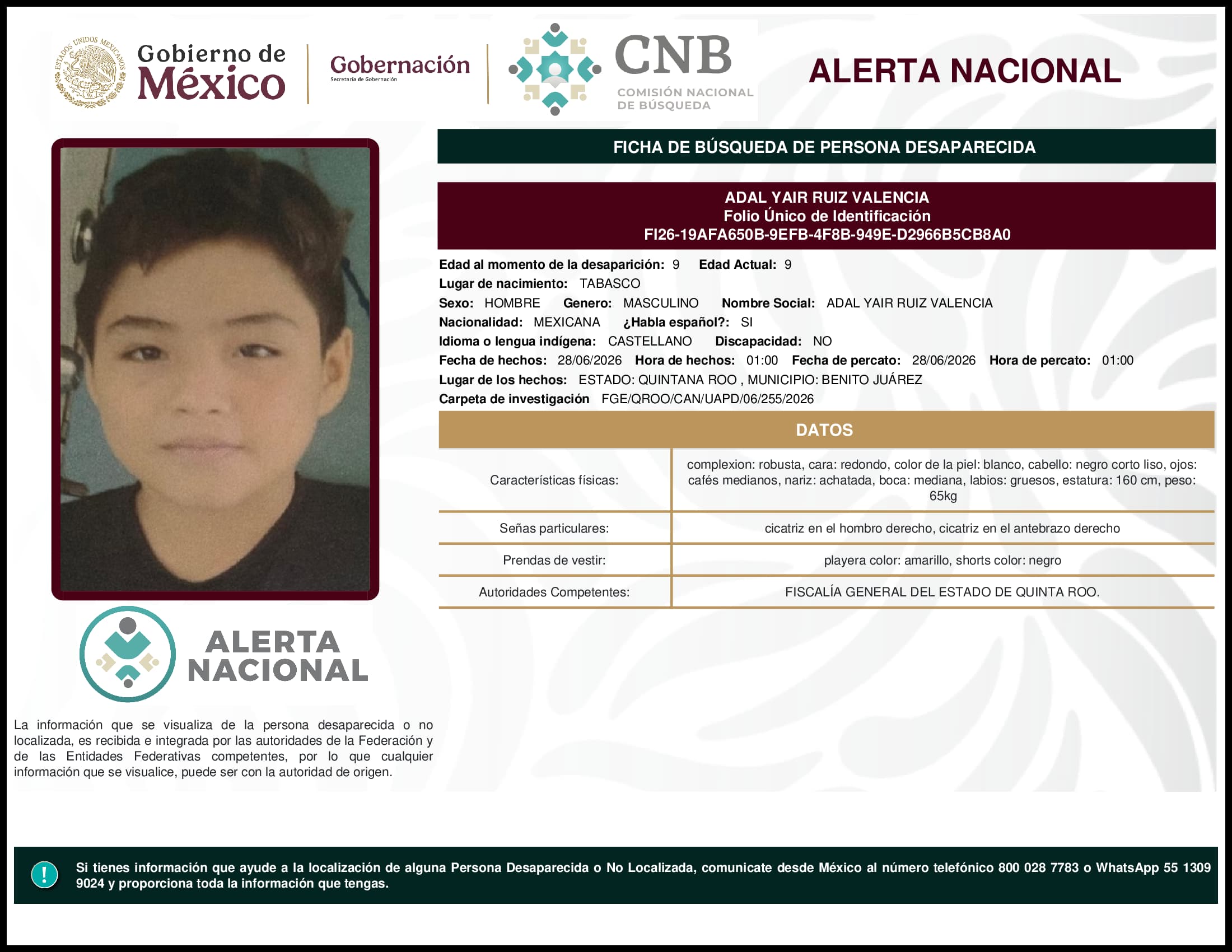 Persona desaparecida Adal Yair Ruiz Valencia