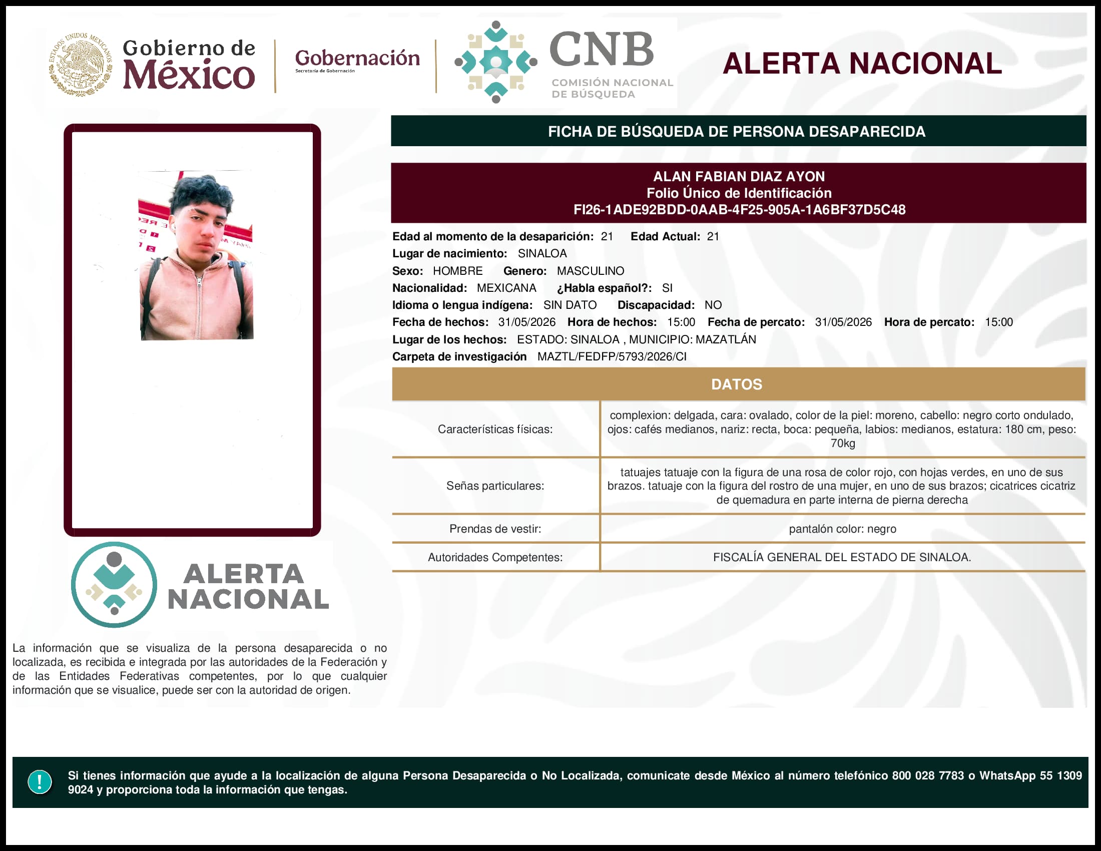 Persona desaparecida Alan Fabian Diaz Ayon