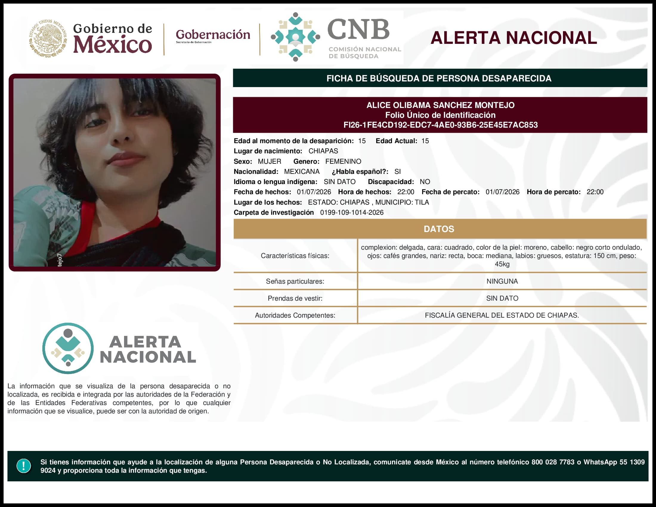 Persona desaparecida Alice Olibama Sanchez Montejo