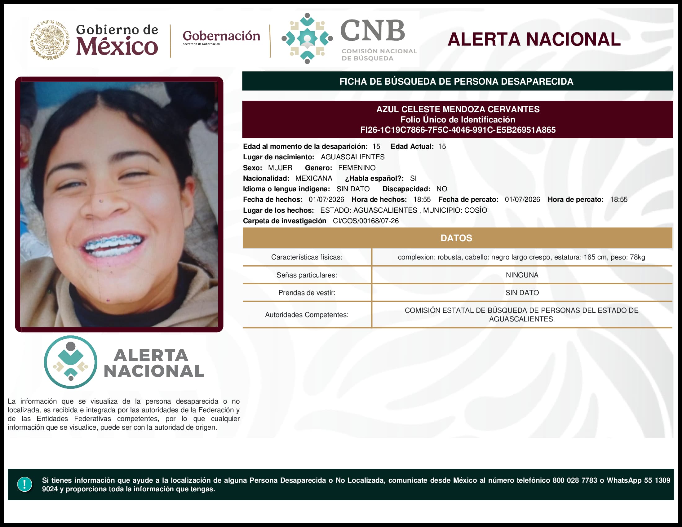 Persona desaparecida Azul Celeste Mendoza Cervantes