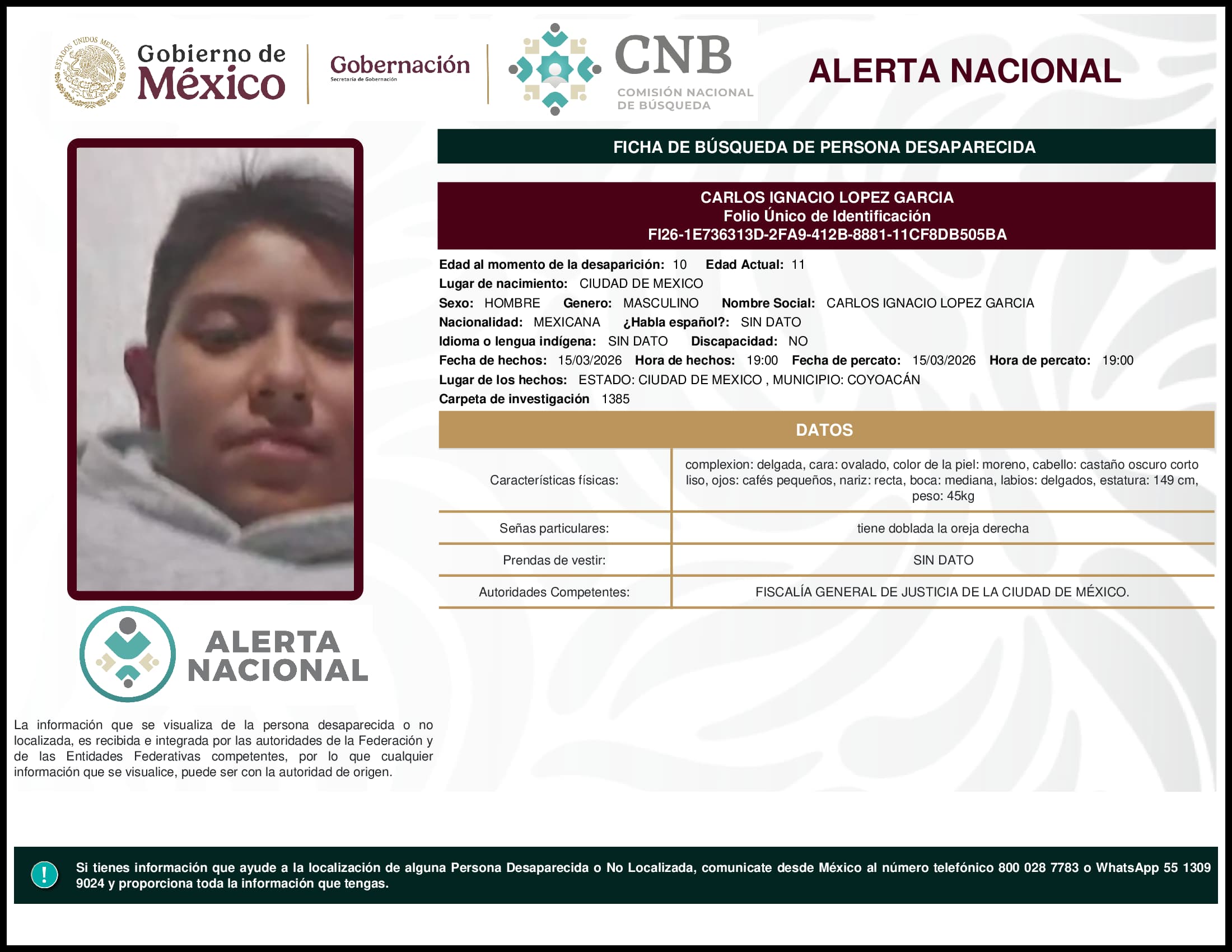 Persona desaparecida Carlos Ignacio Lopez Garcia