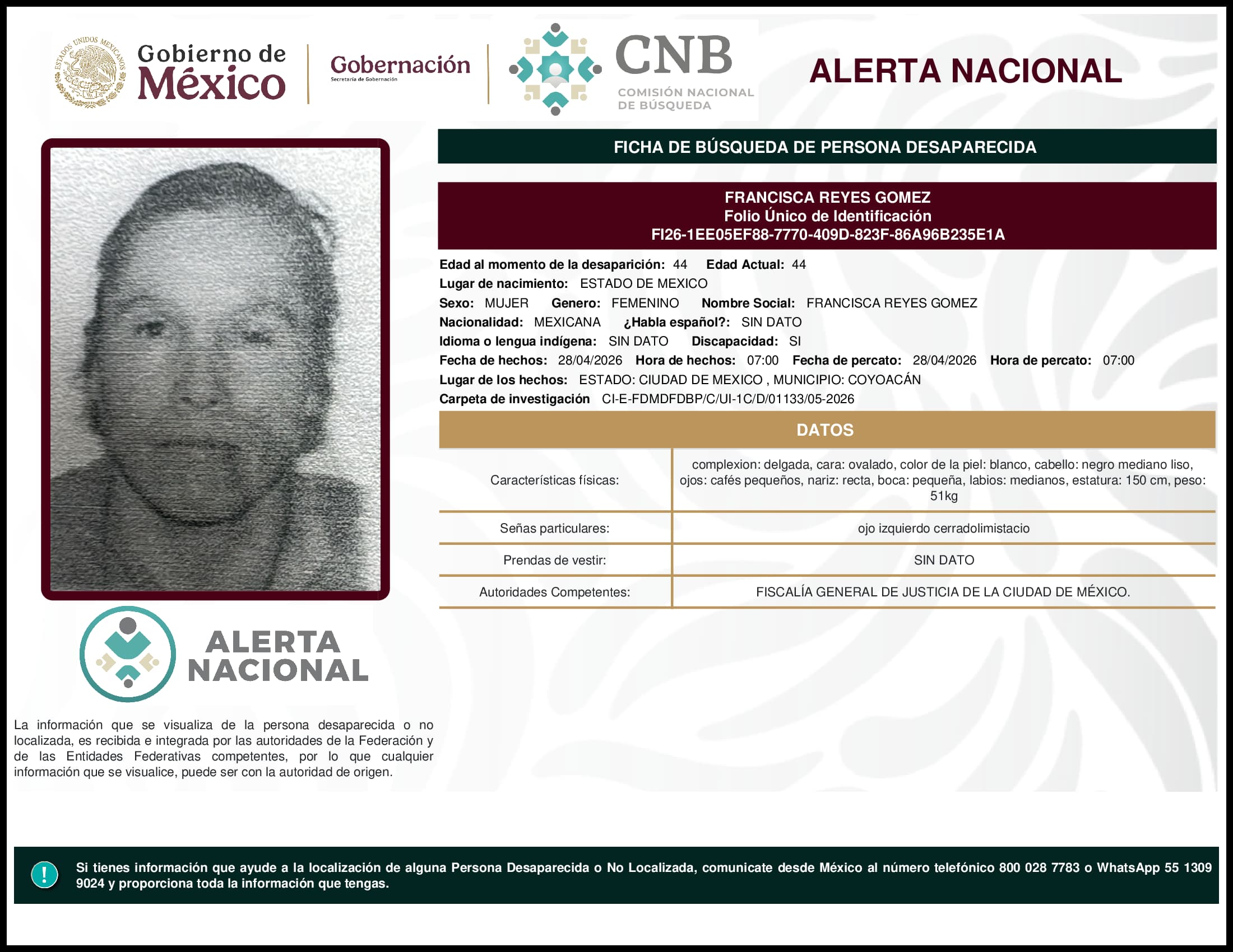Persona desaparecida Francisca Reyes Gomez
