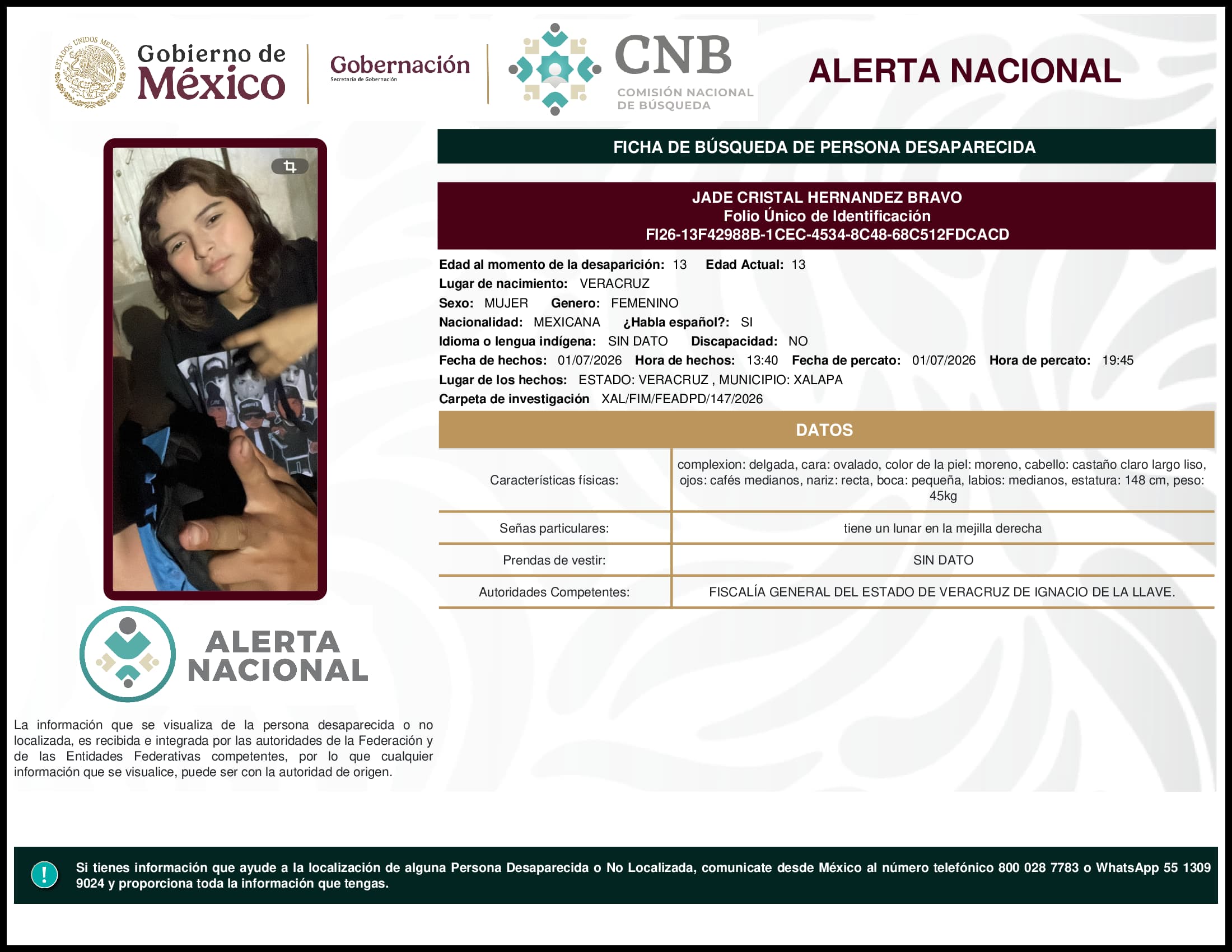 Persona desaparecida Jade Cristal Hernandez Bravo