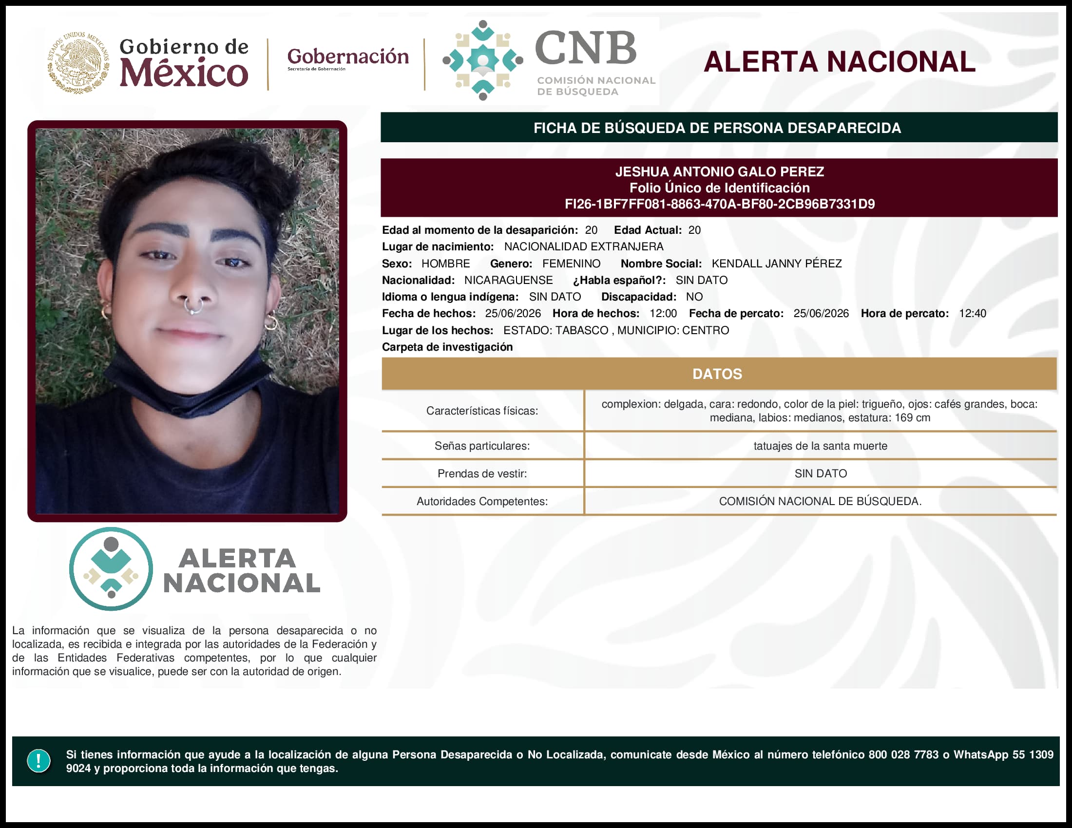 Persona desaparecida Jeshua Antonio Galo Perez