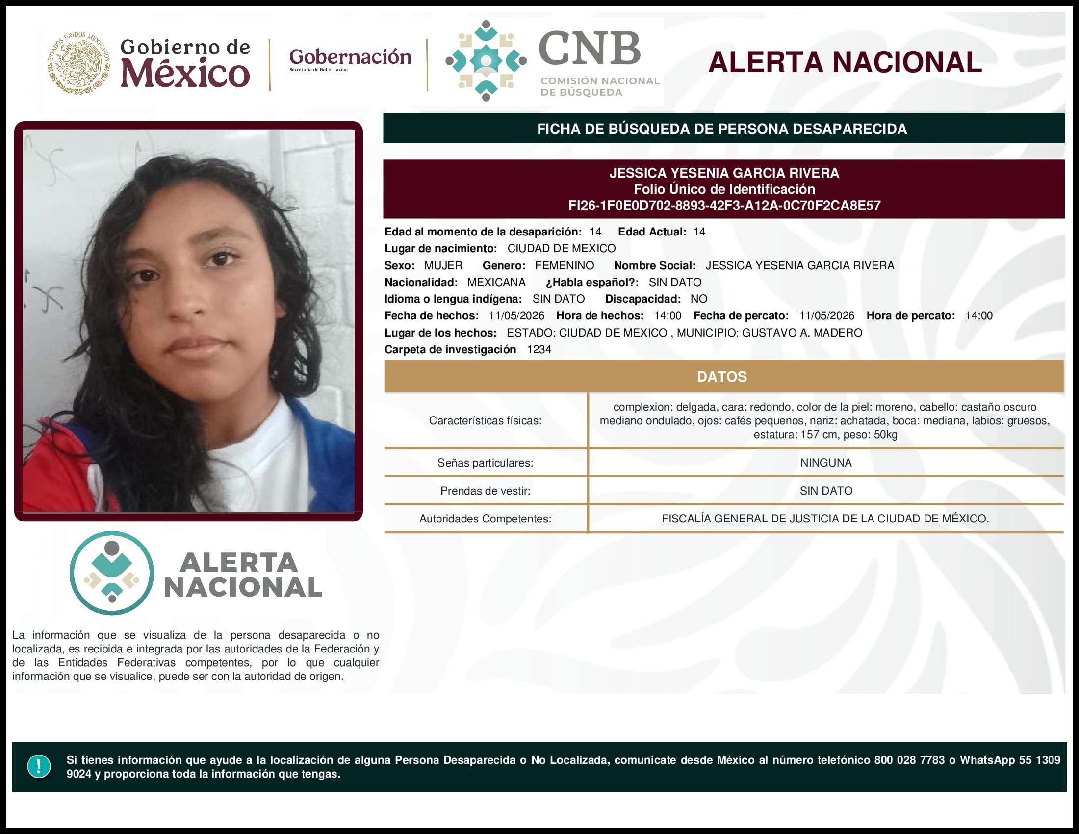 Persona desaparecida Jessica Yesenia Garcia Rivera