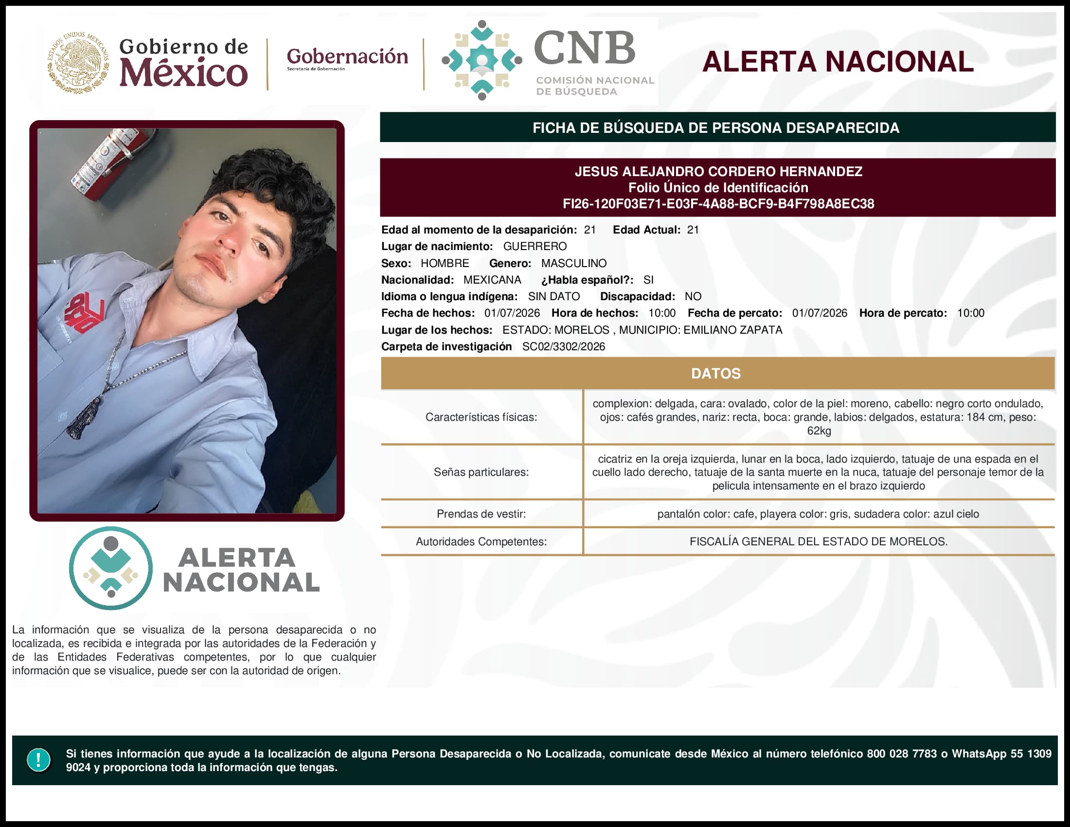 Persona desaparecida Jesus Alejandro Cordero Hernandez
