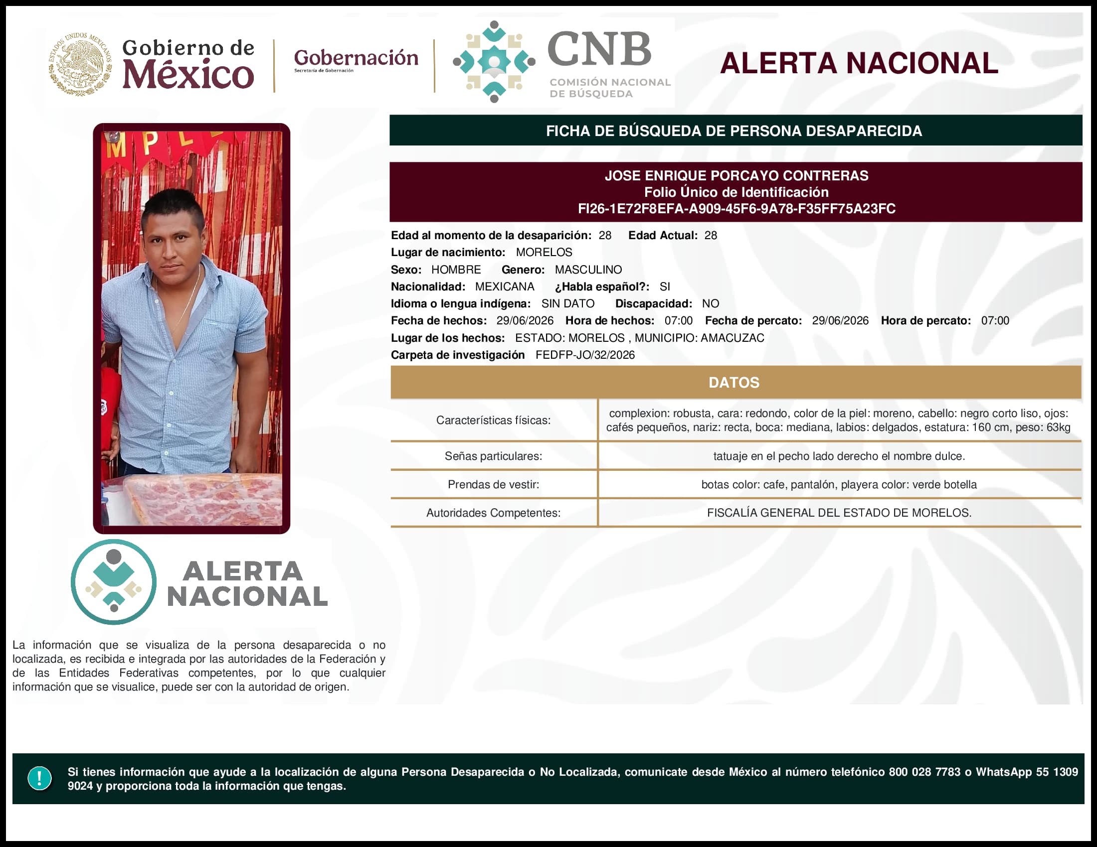Persona desaparecida Jose Enrique Porcayo Contreras
