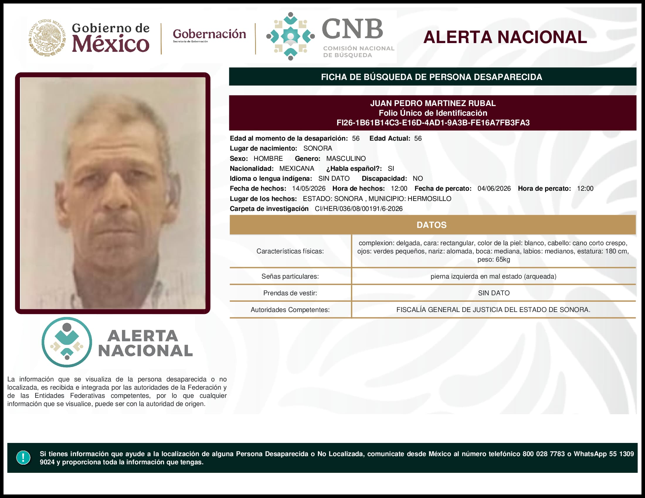 Persona desaparecida Juan Pedro Martinez Rubal