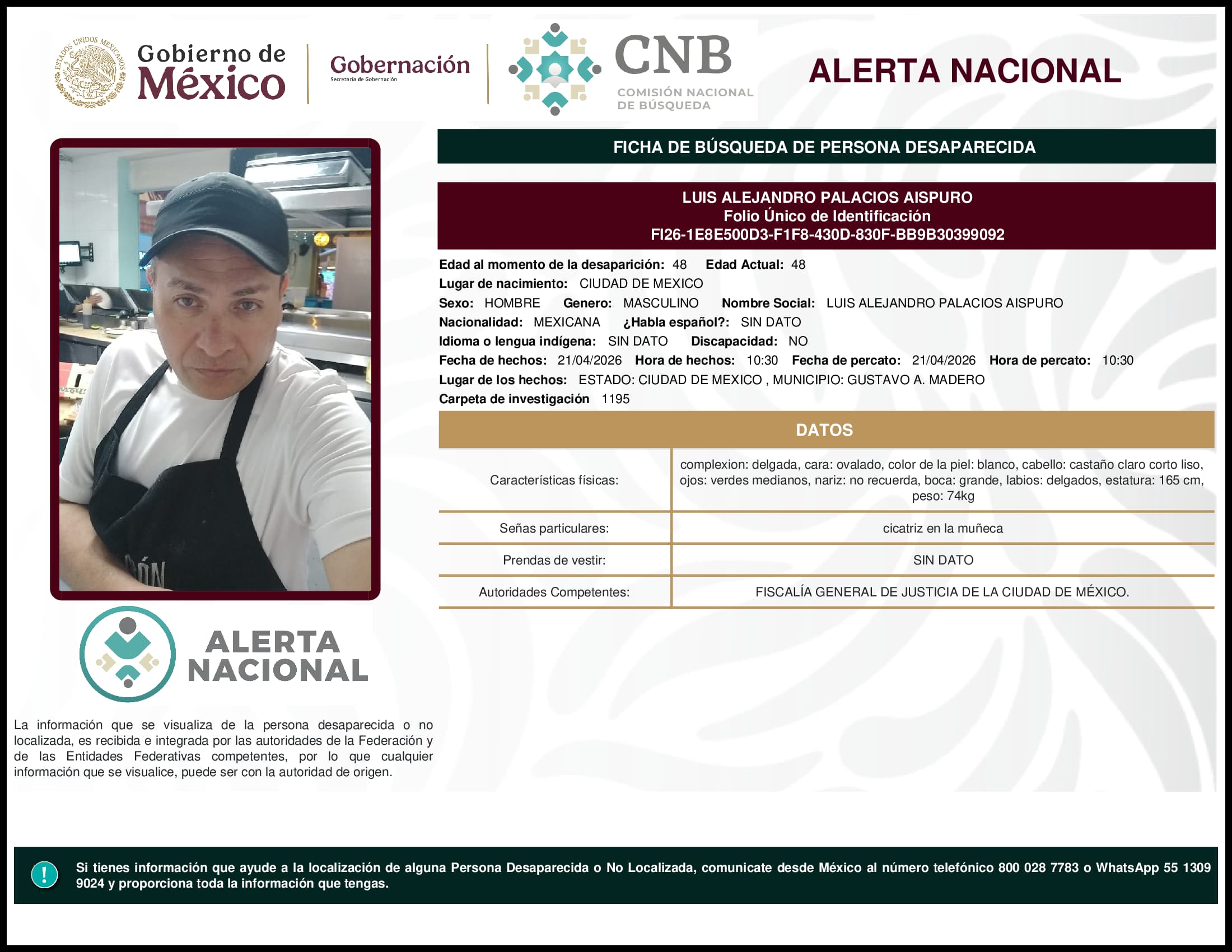 Persona desaparecida Luis Alejandro Palacios Aispuro