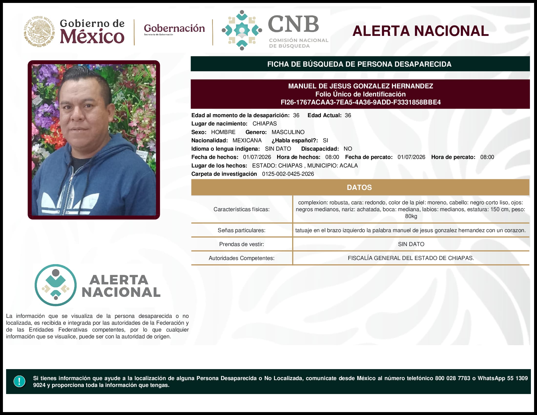 Persona desaparecida Manuel De Jesus Gonzalez Hernandez