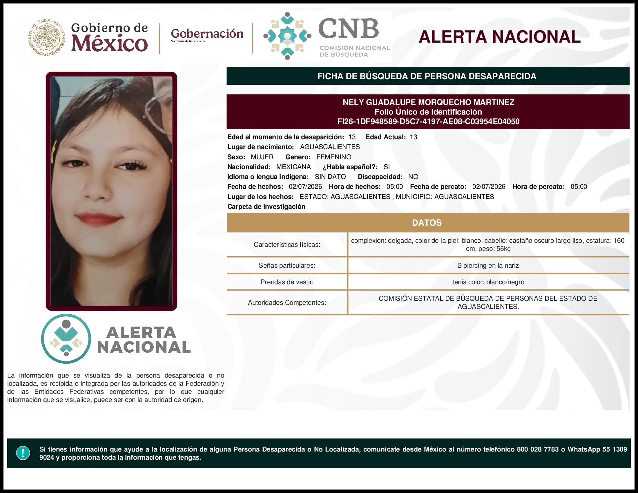 Persona desaparecida Nely Guadalupe Morquecho Martinez
