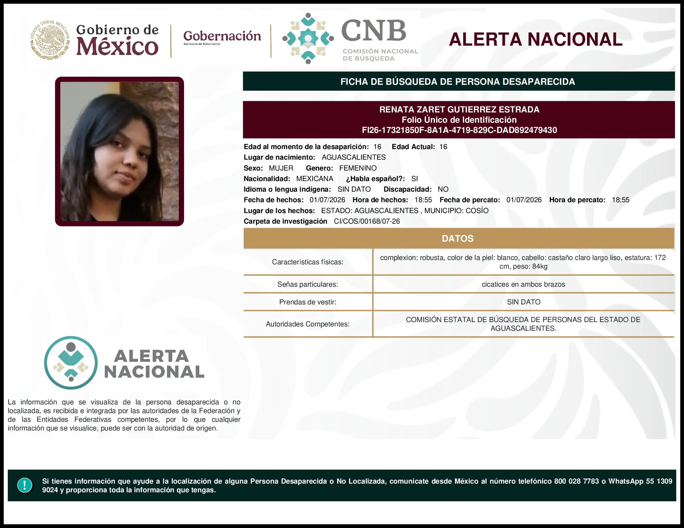Persona desaparecida Renata Zaret Gutierrez Estrada