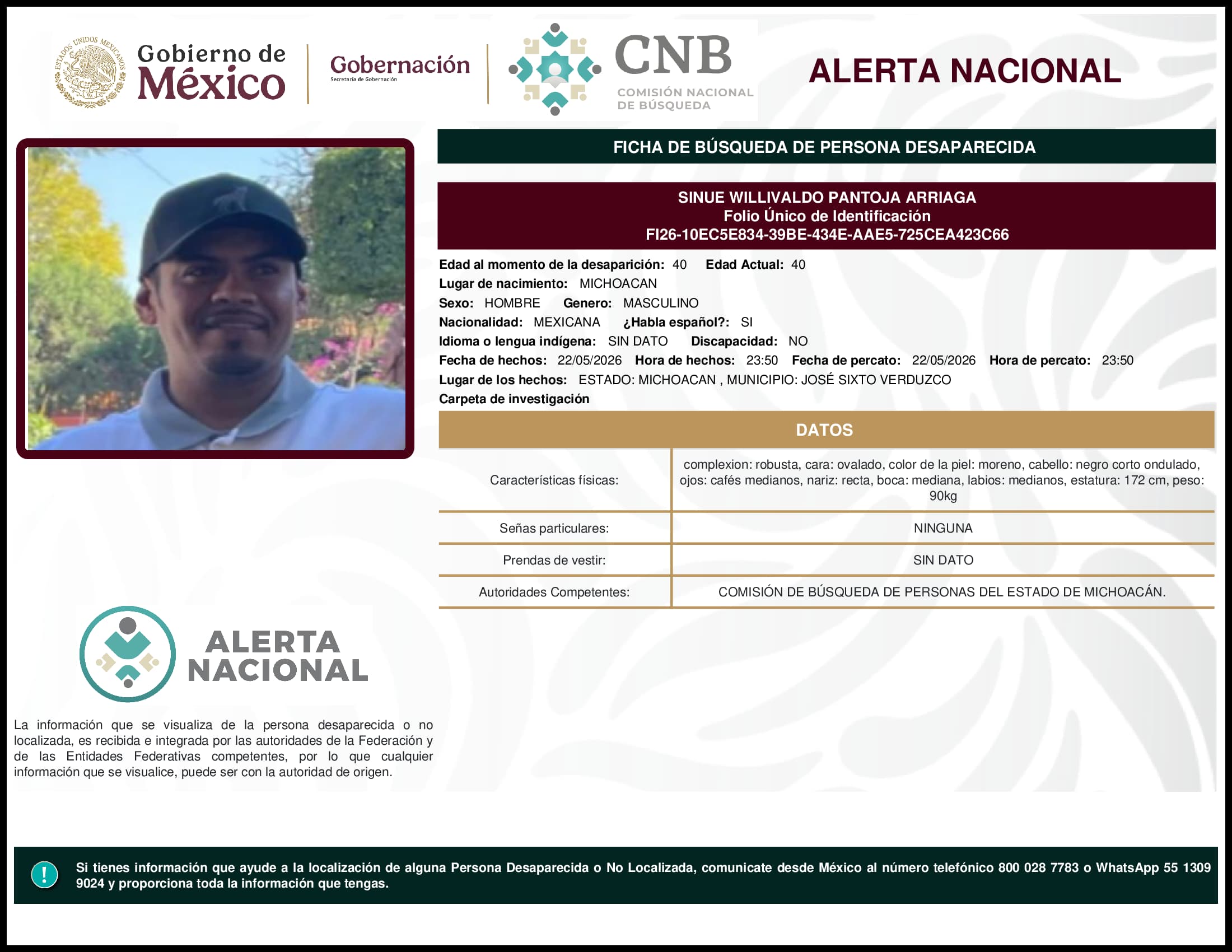 Persona desaparecida Sinue Willivaldo Pantoja Arriaga