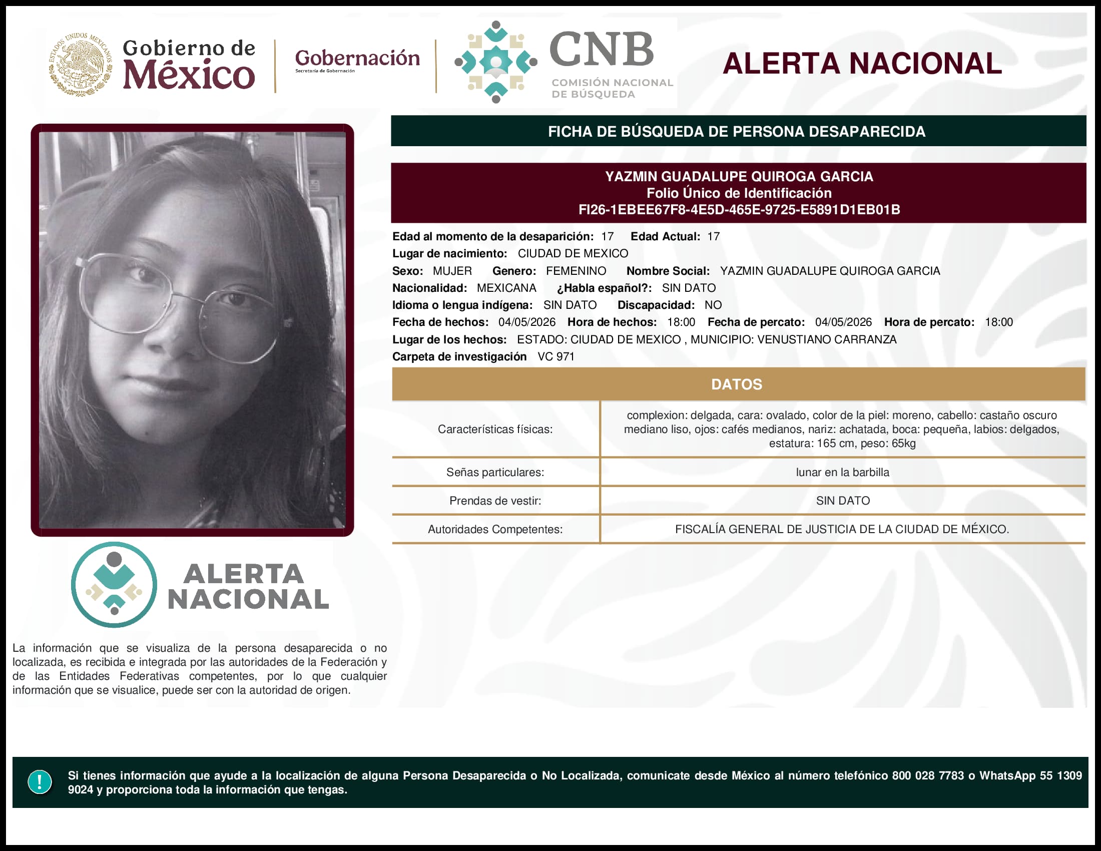 Persona desaparecida Yazmin Guadalupe Quiroga Garcia
