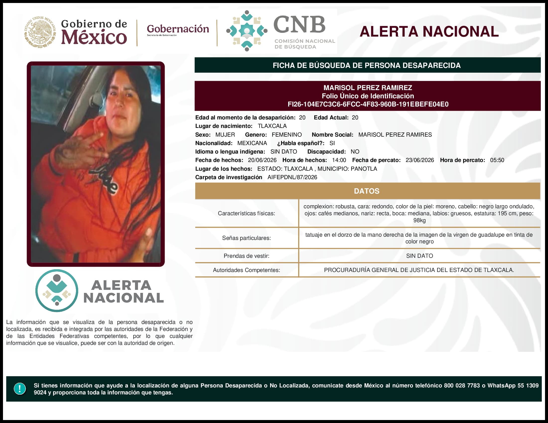 Persona desaparecida Marisol Perez Ramirez