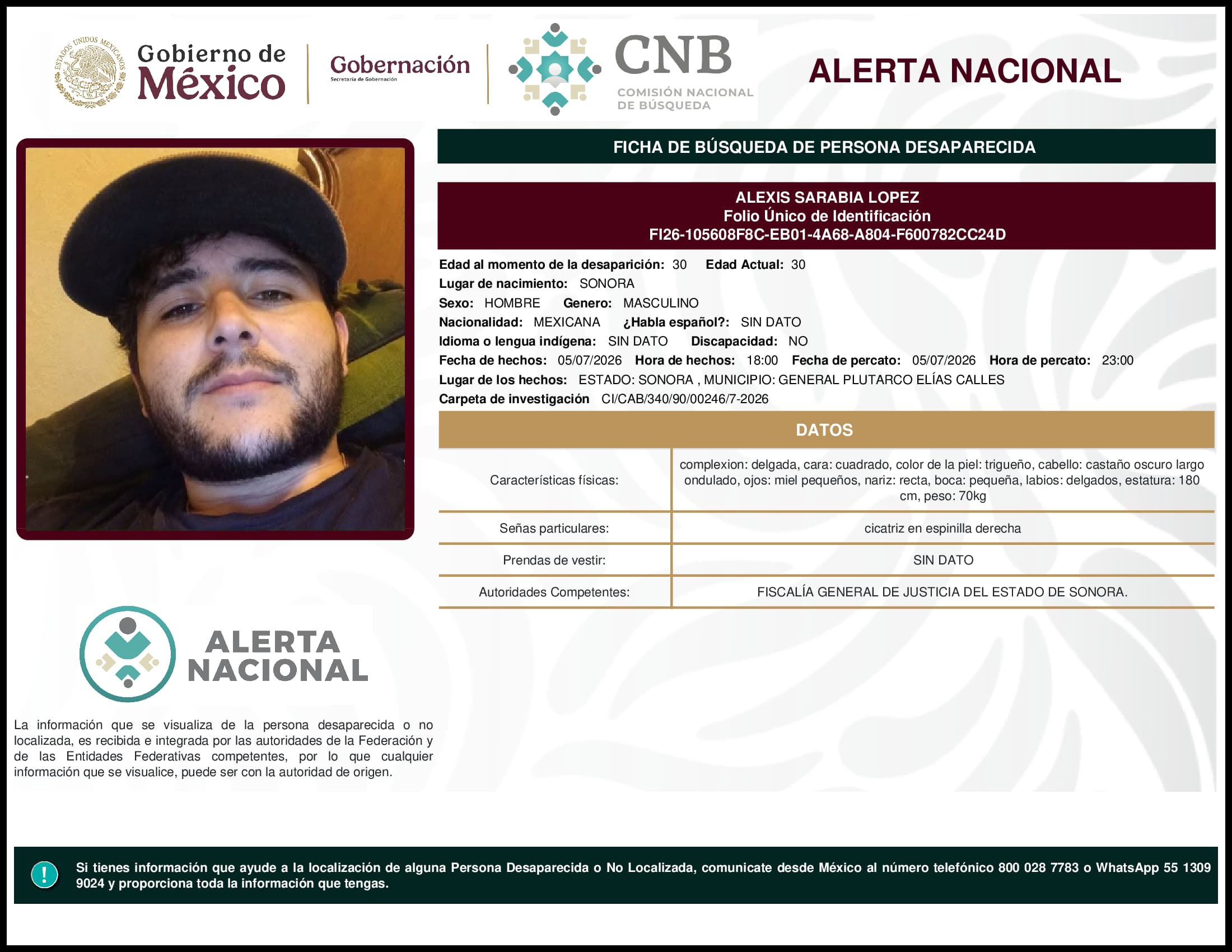 Persona desaparecida Alexis Sarabia Lopez