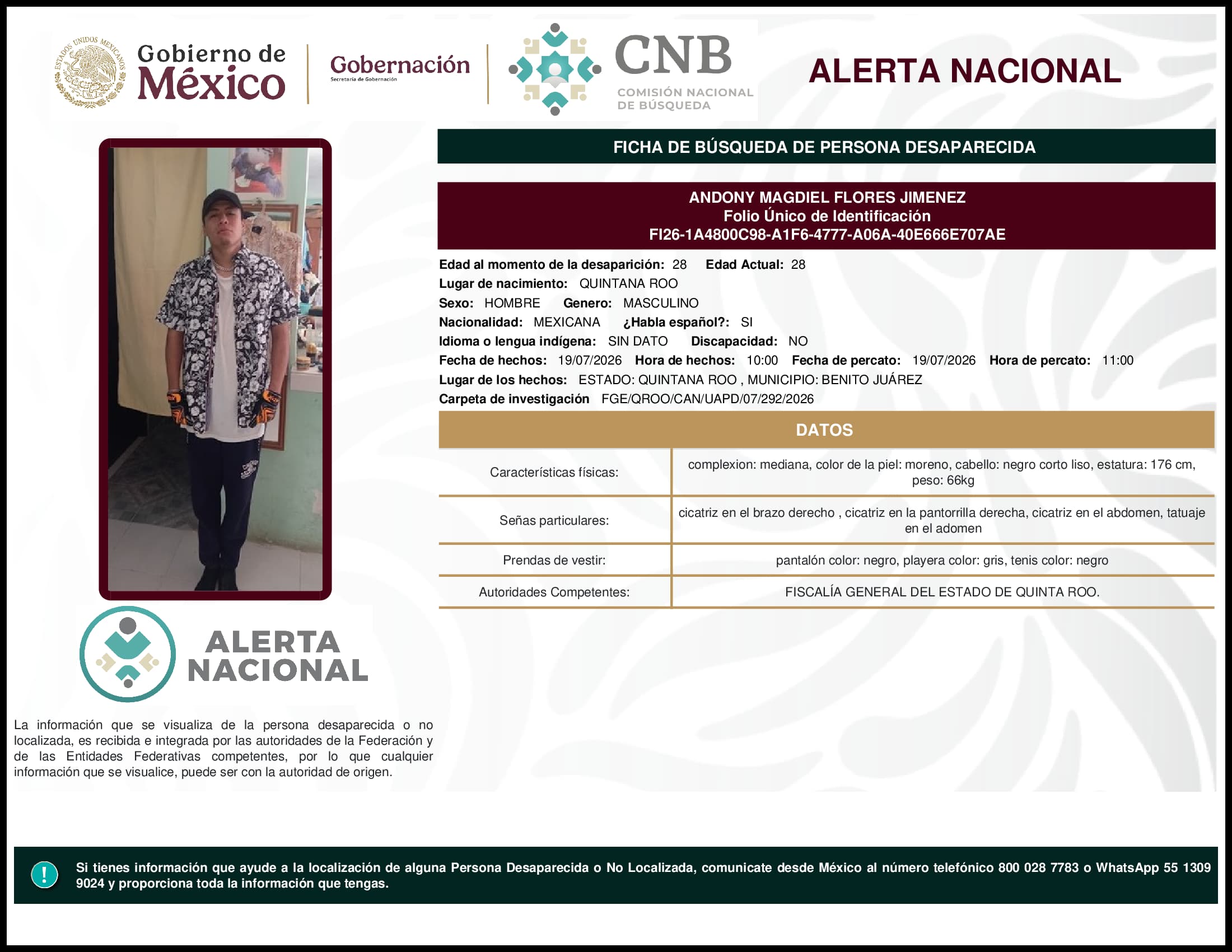 Persona desaparecida Andony Magdiel Flores Jimenez