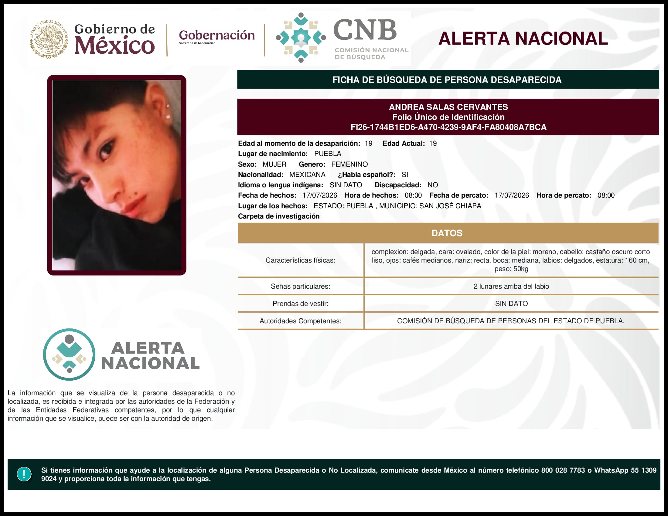 Persona desaparecida Andrea Salas Cervantes
