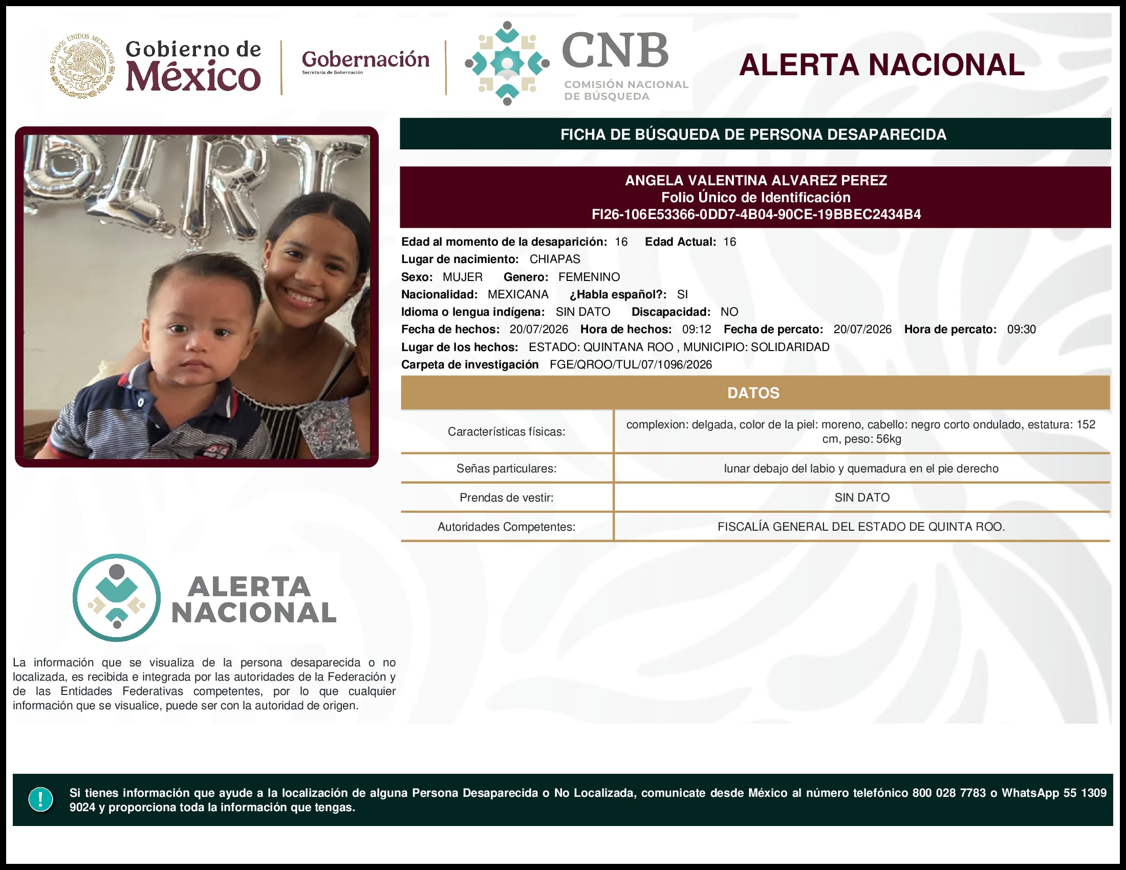 Persona desaparecida Angela Valentina Alvarez Perez