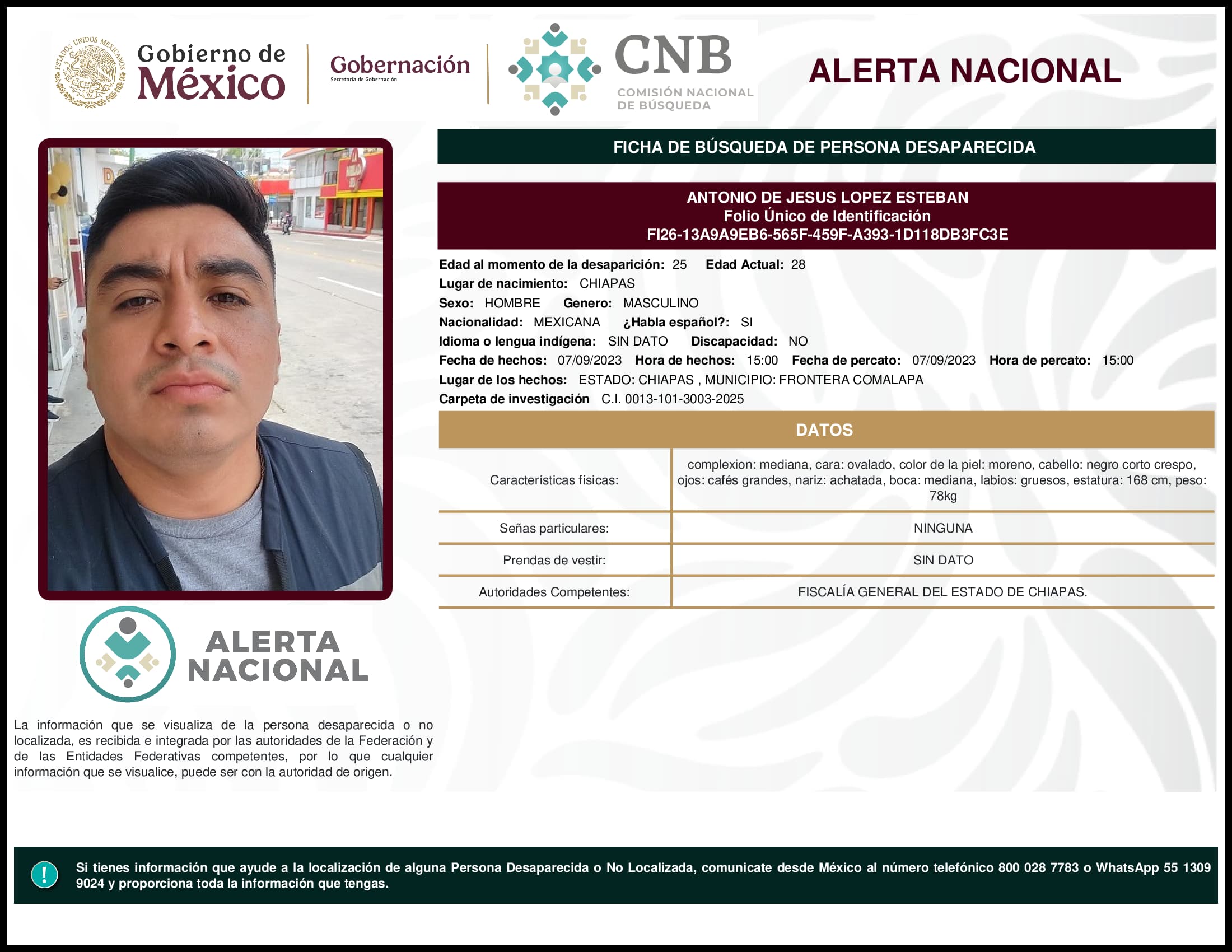 Persona desaparecida Antonio De Jesus Lopez Esteban