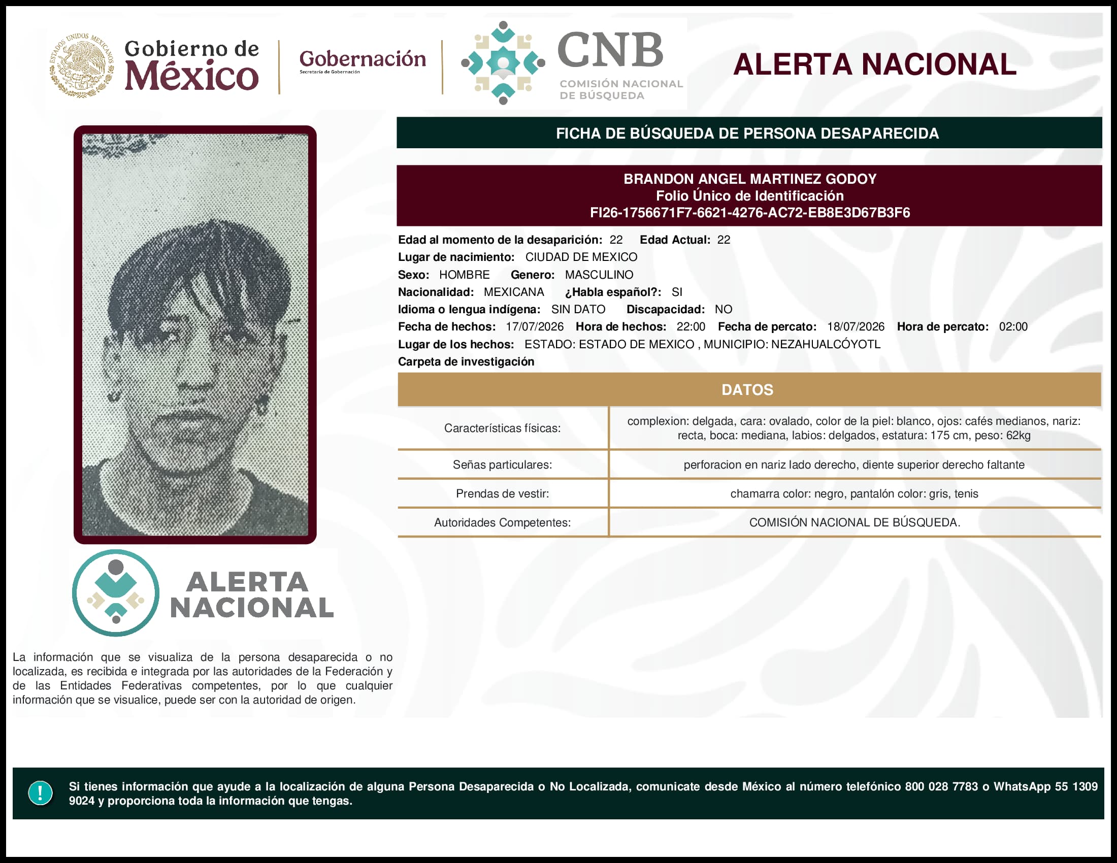 Persona desaparecida Brandon Angel Martinez Godoy