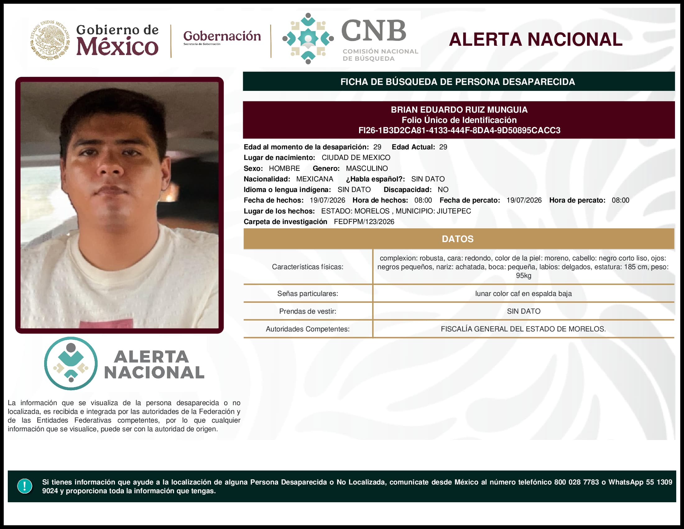 Persona desaparecida Brian Eduardo Ruiz Munguia