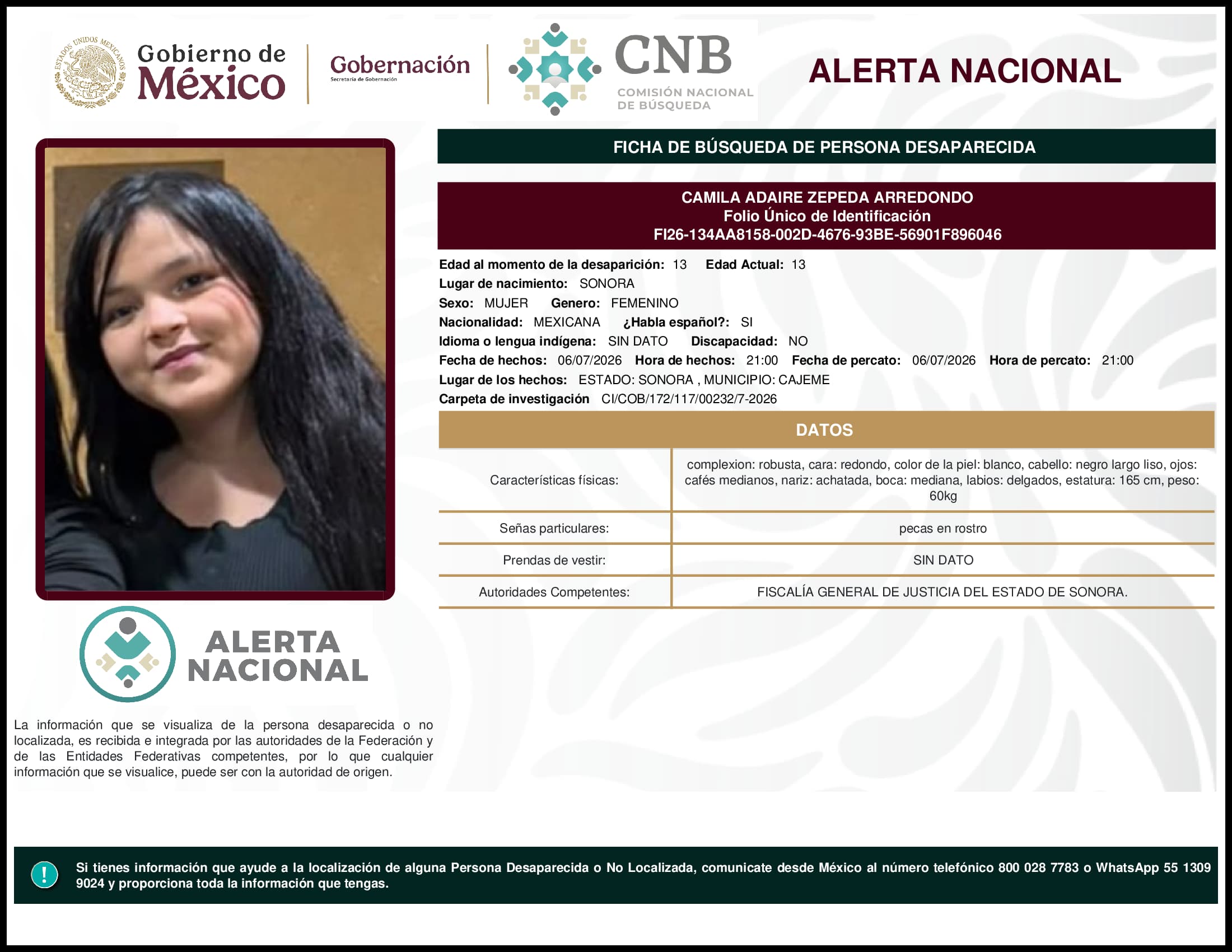 Persona desaparecida Camila Adaire Zepeda Arredondo