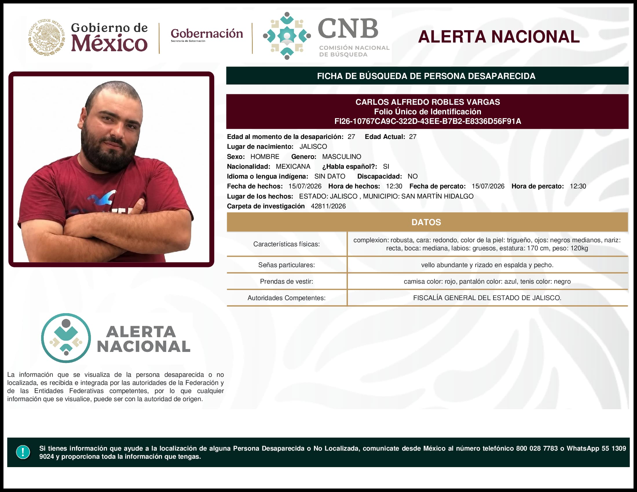 Persona desaparecida Carlos Alfredo Robles Vargas