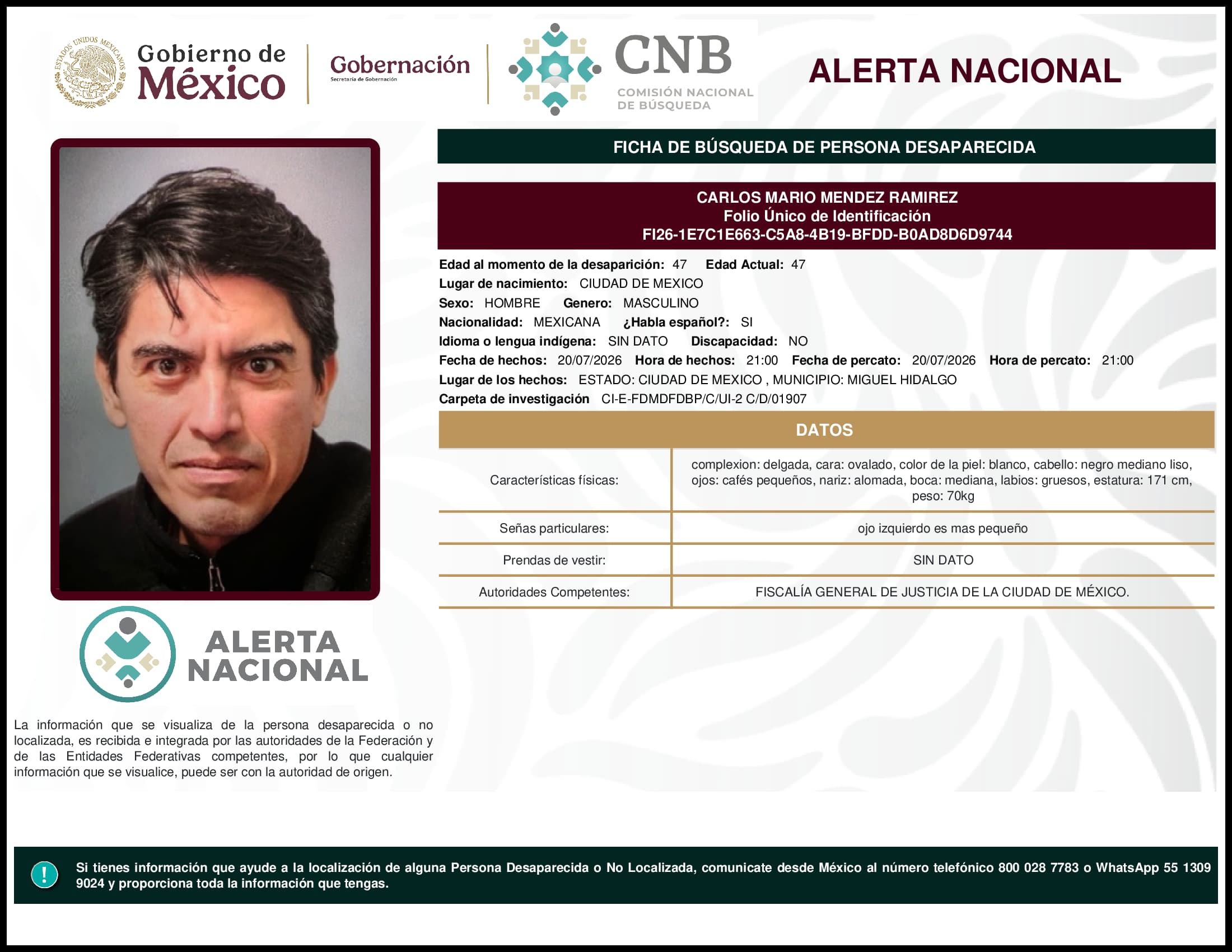 Persona desaparecida Carlos Mario Mendez Ramirez