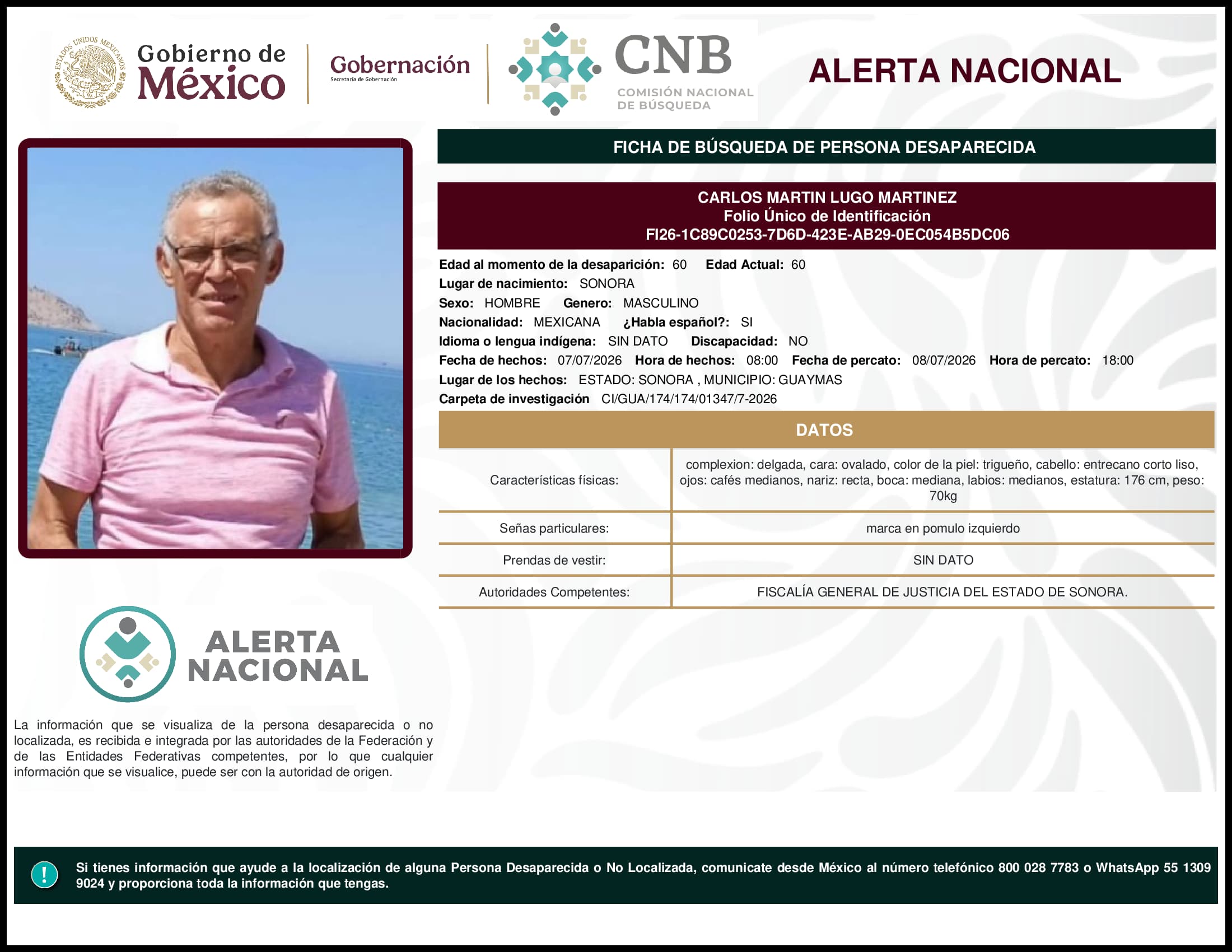 Persona desaparecida Carlos Martin Lugo Martinez