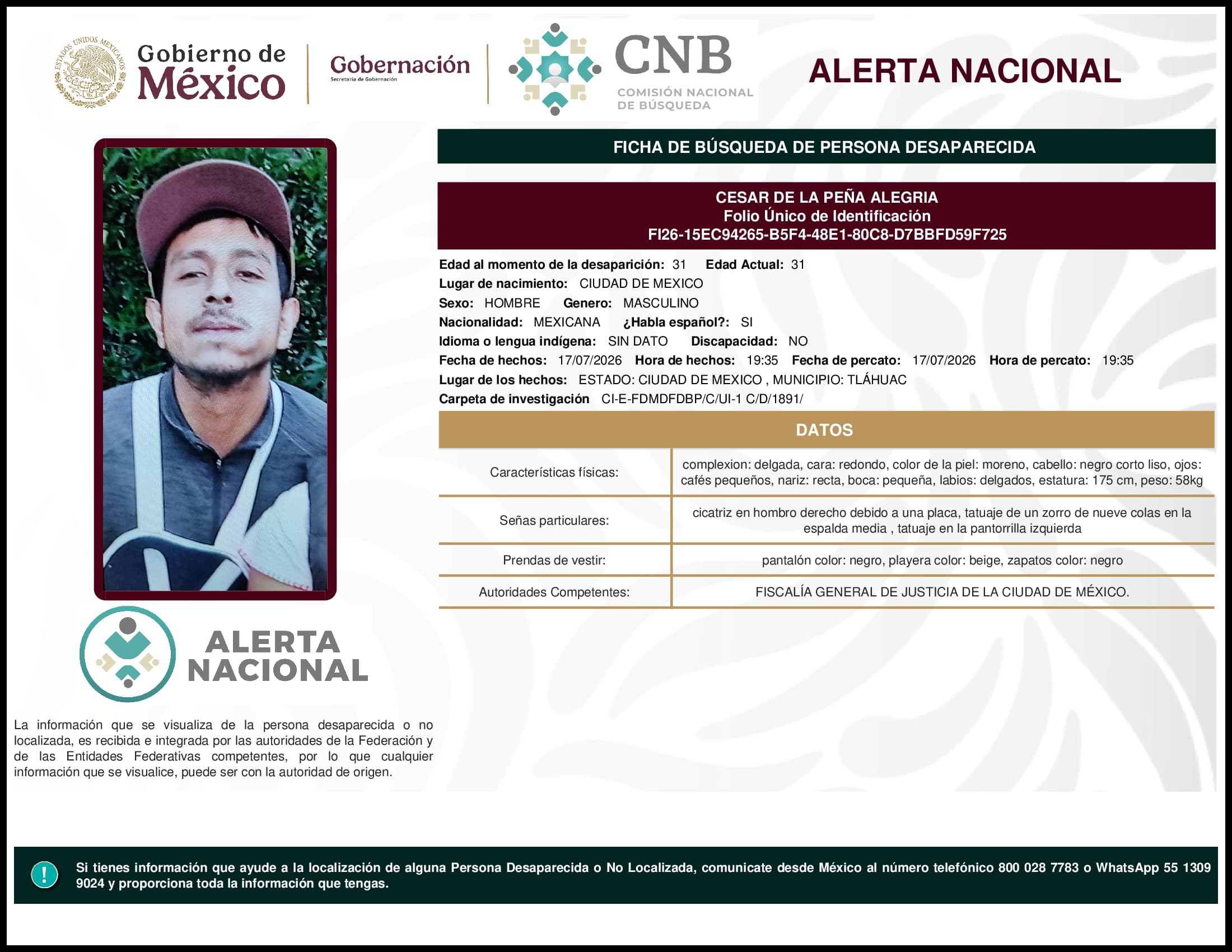Persona desaparecida Cesar De La Pena Alegria