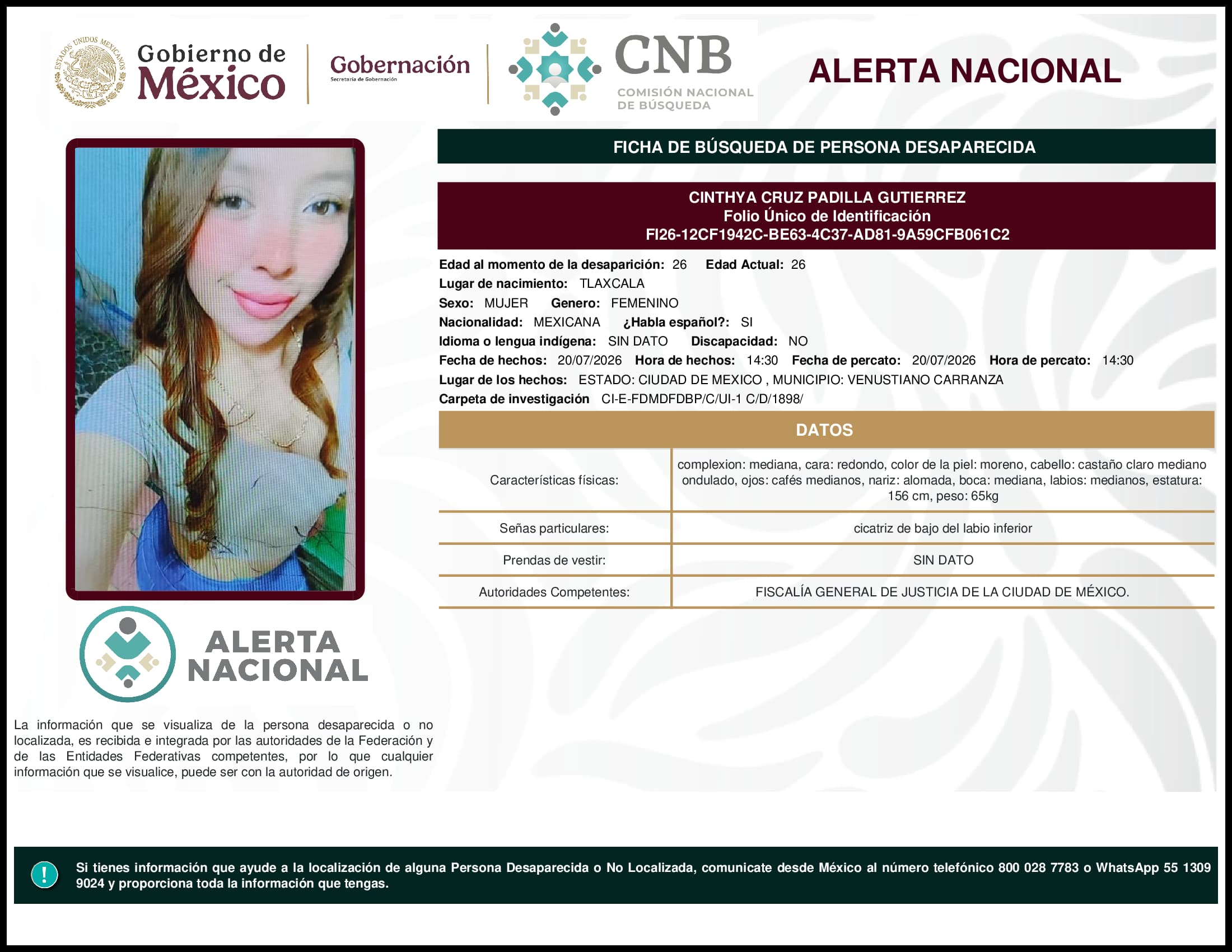 Persona desaparecida Cinthya Cruz Padilla Gutierrez
