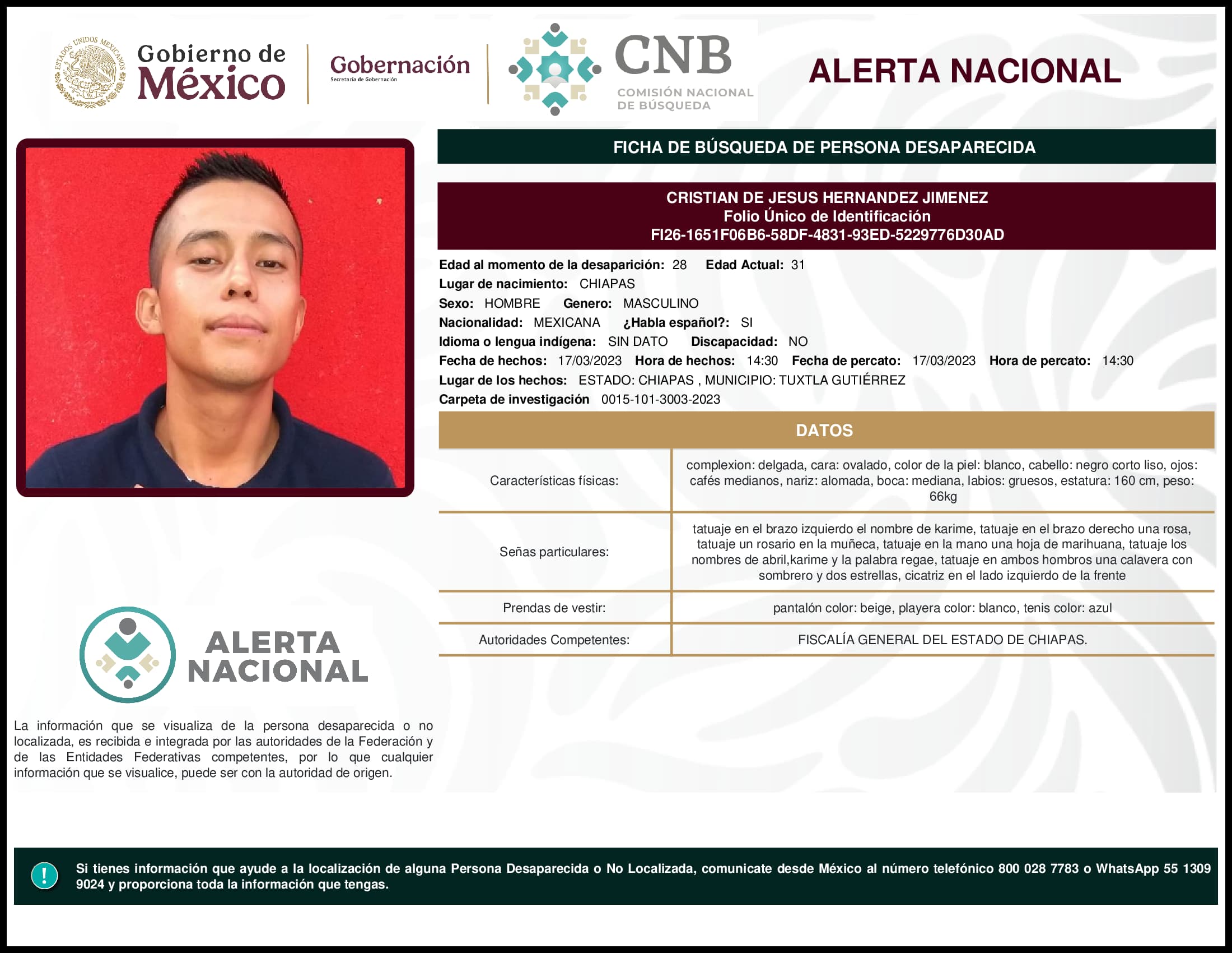 Persona desaparecida Cristian De Jesus Hernandez Jimenez