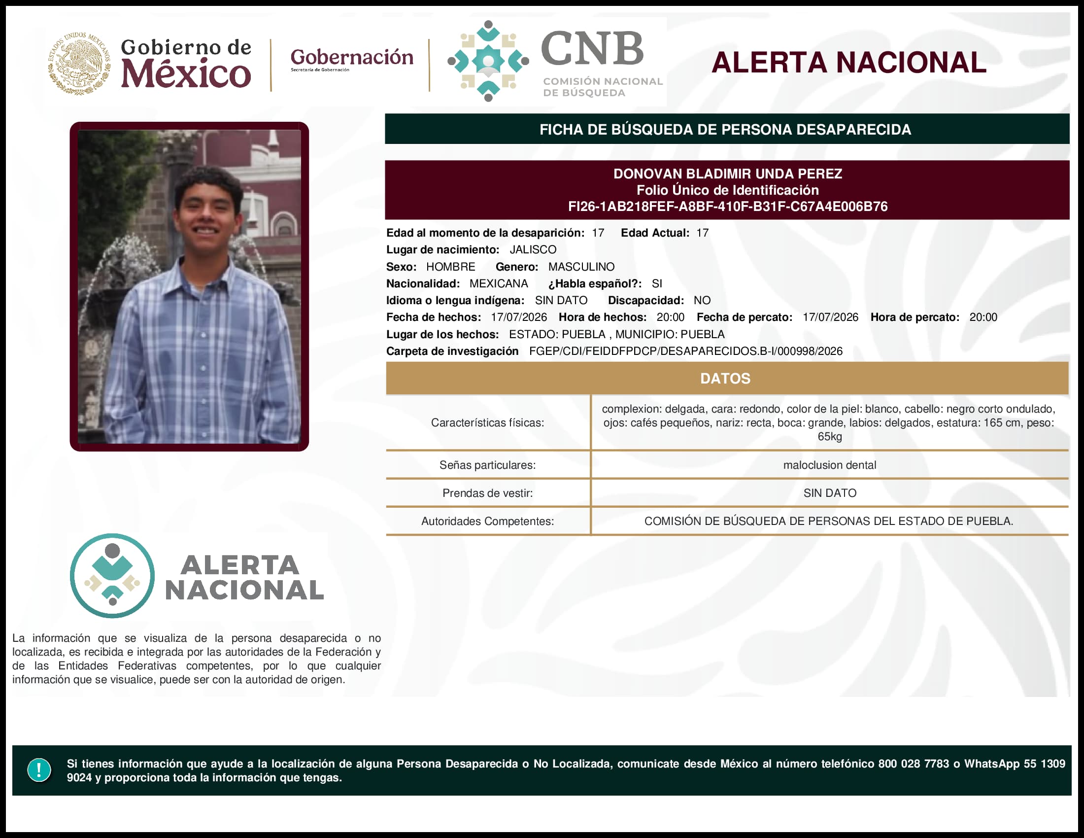 Persona desaparecida Donovan Bladimir Unda Perez