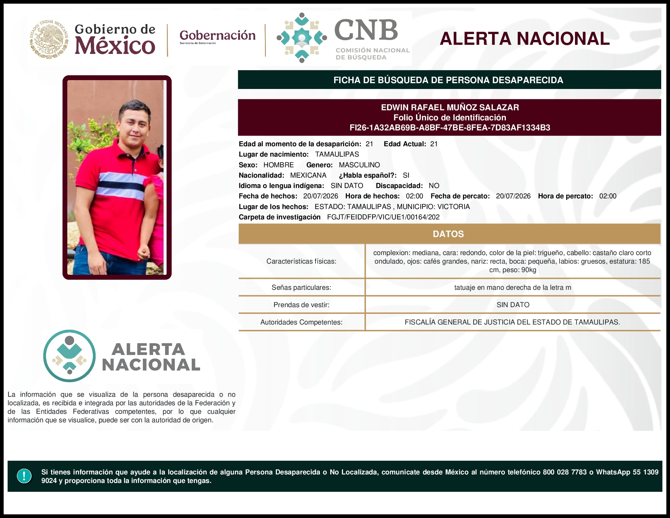 Persona desaparecida Edwin Rafael Munoz Salazar