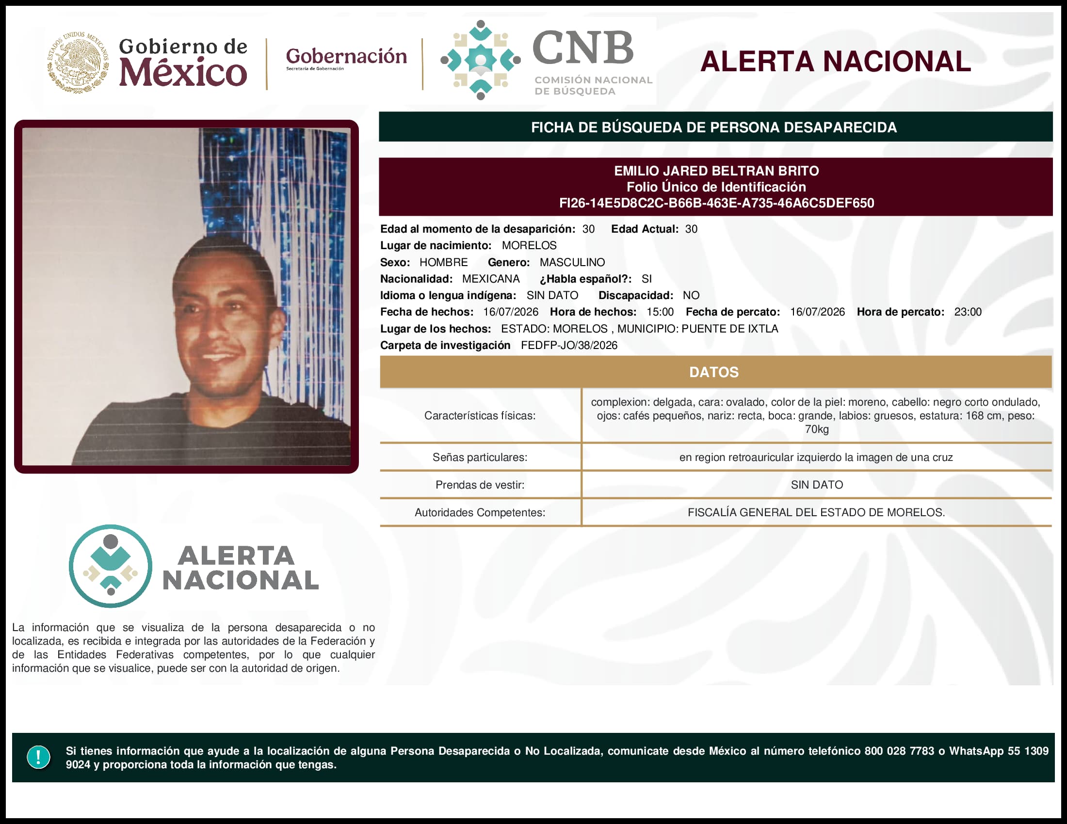 Persona desaparecida Emilio Jared Beltran Brito