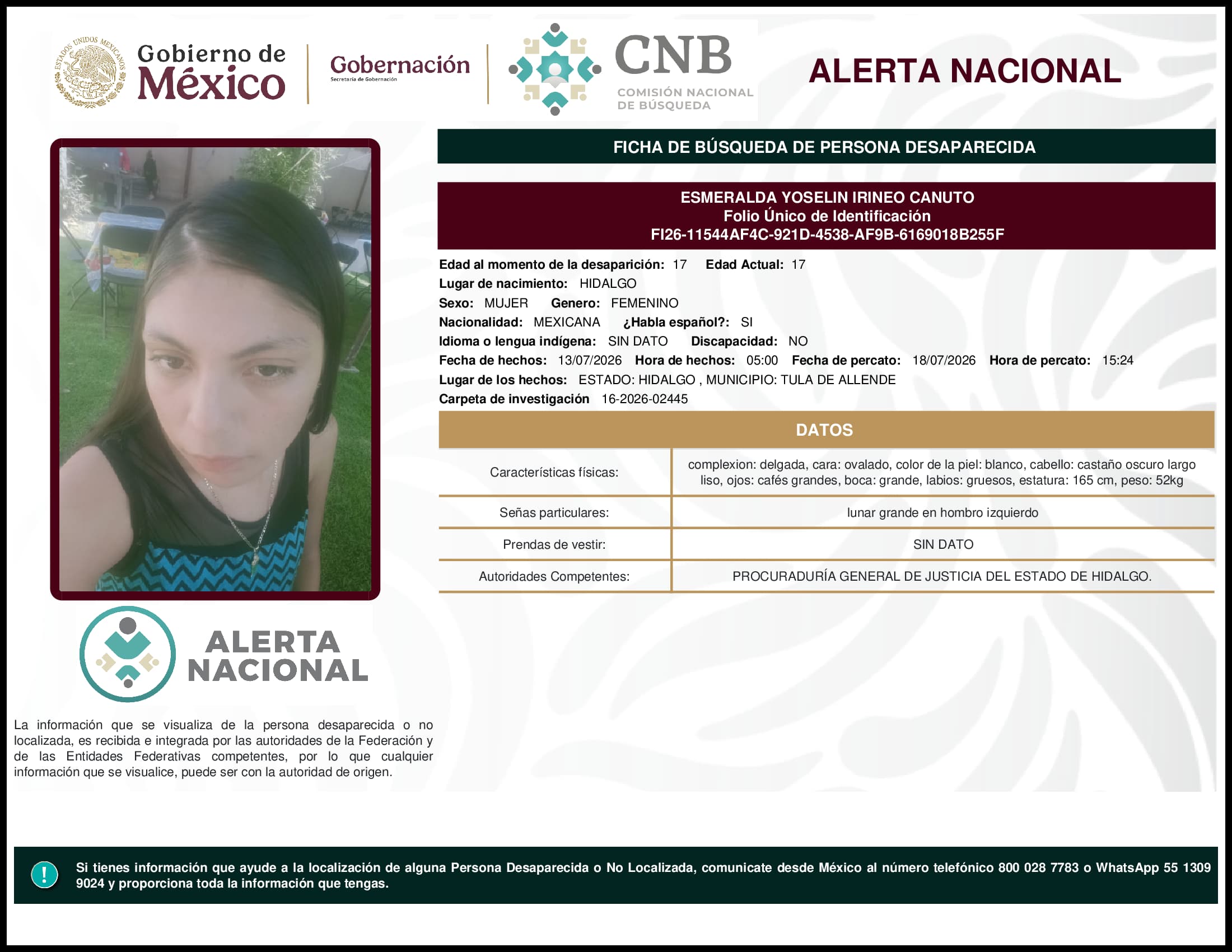Persona desaparecida Esmeralda Yoselin Irineo Canuto
