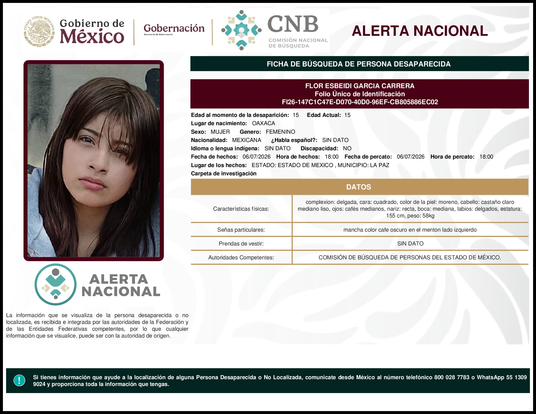 Persona desaparecida Flor Esbeidi Garcia Carrera