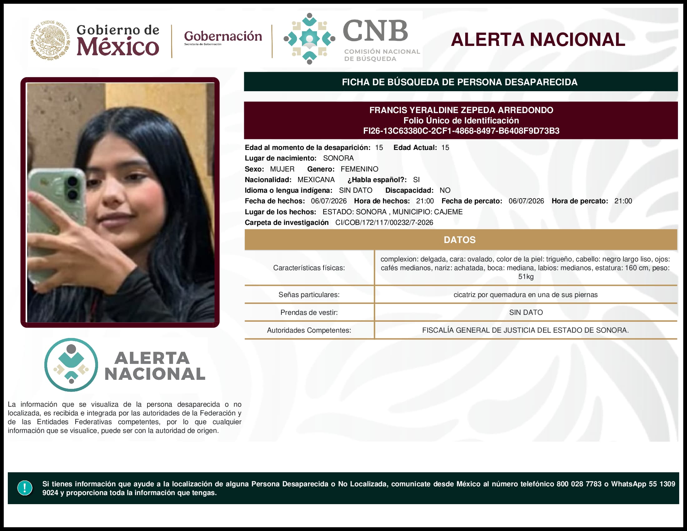 Persona desaparecida Francis Yeraldine Zepeda Arredondo