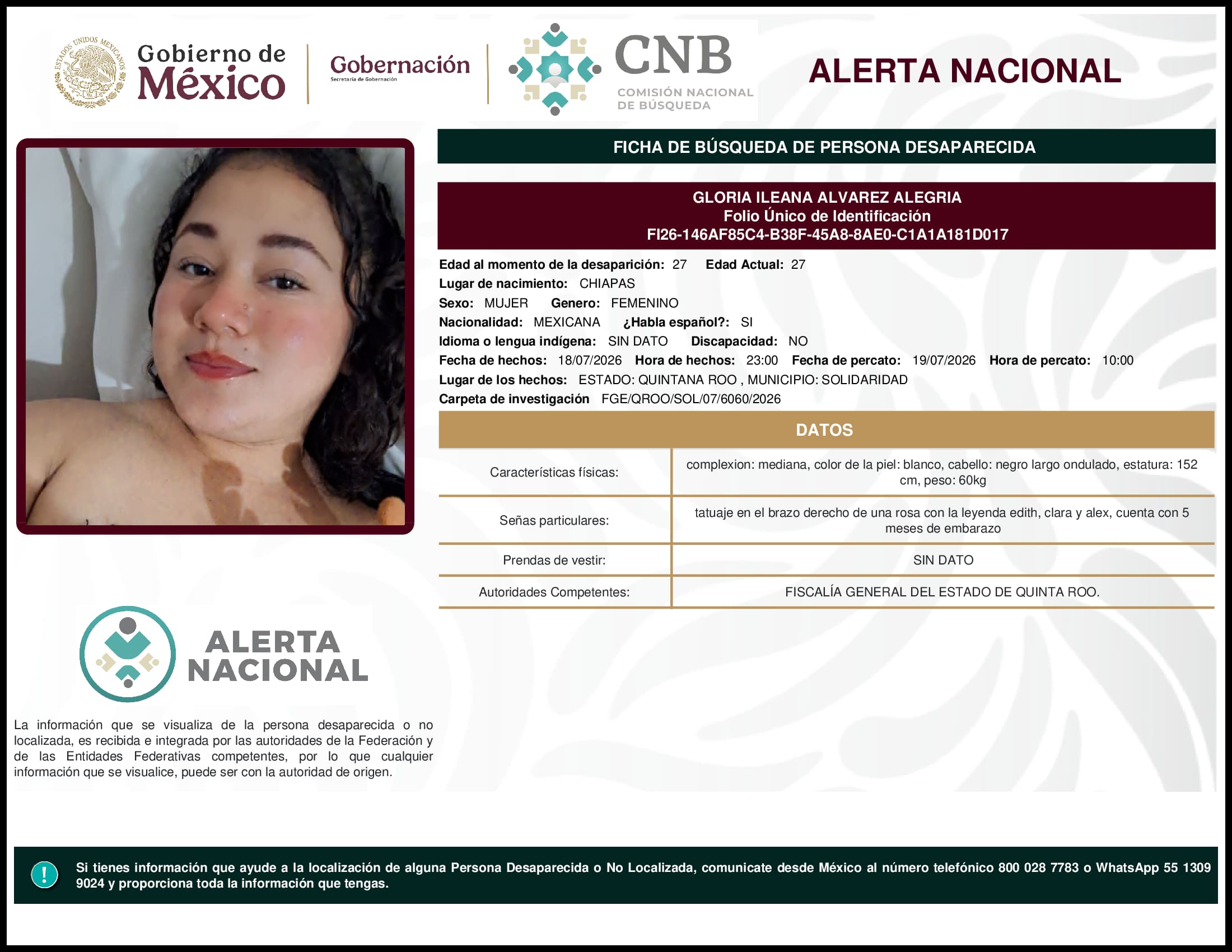 Persona desaparecida Gloria Ileana Alvarez Alegria