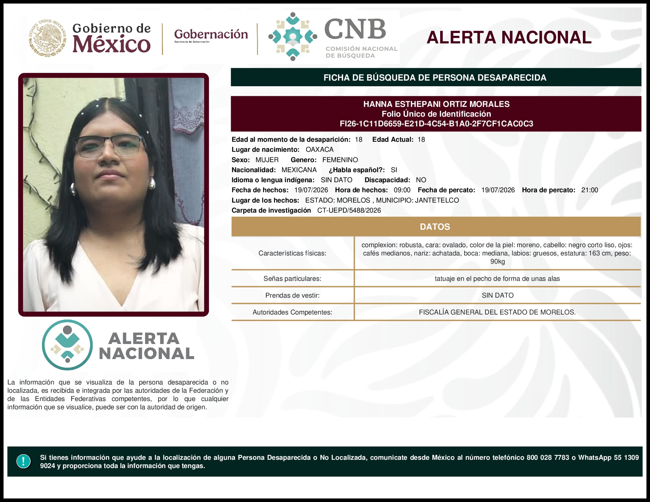 Persona desaparecida Hanna Esthepani Ortiz Morales