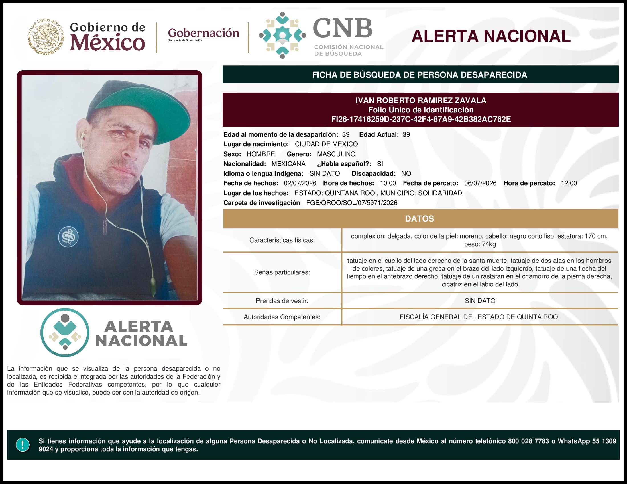 Persona desaparecida Ivan Roberto Ramirez Zavala