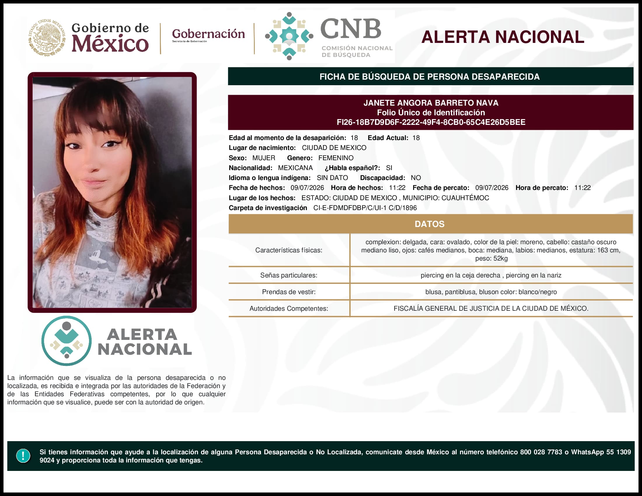 Persona desaparecida Janete Angora Barreto Nava