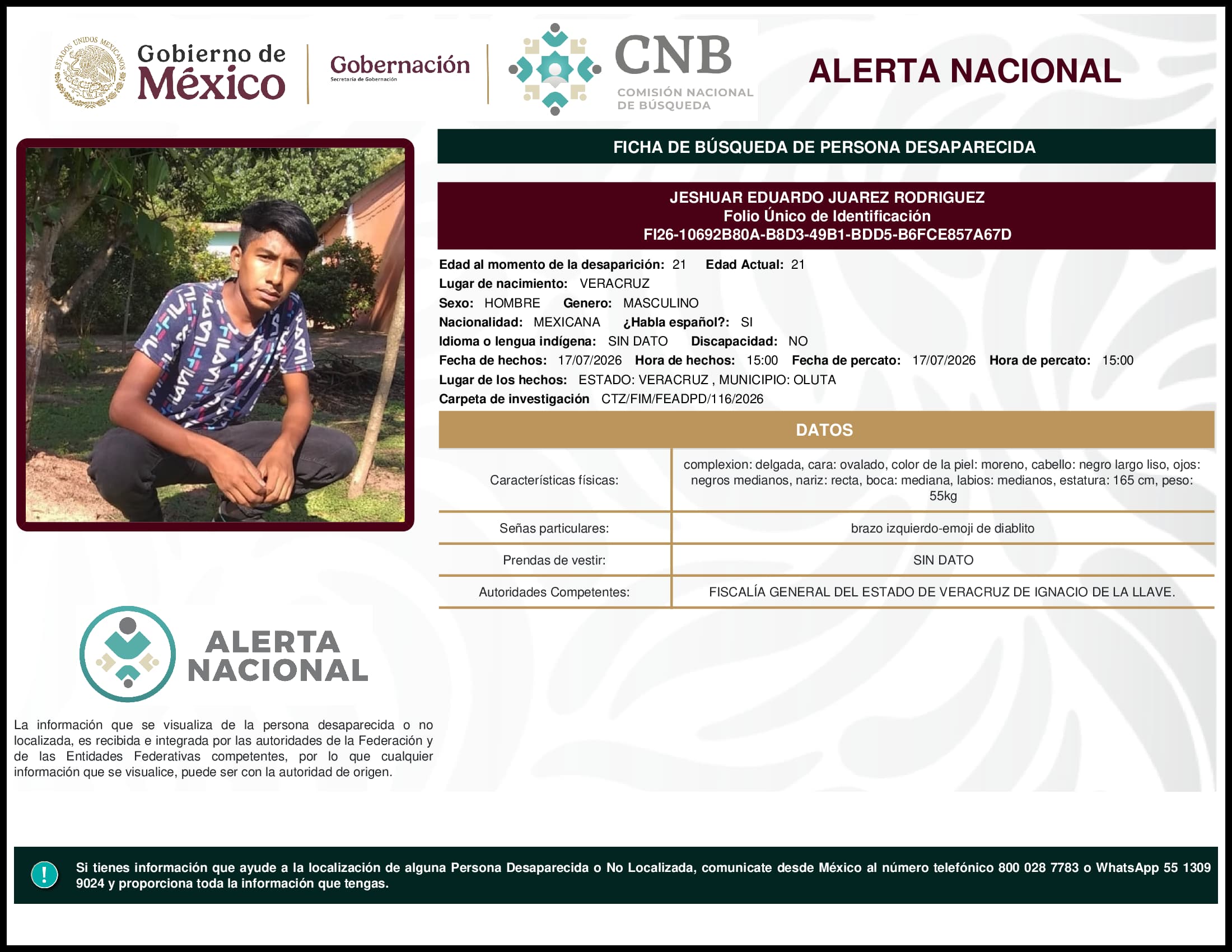 Persona desaparecida Jeshuar Eduardo Juarez Rodriguez