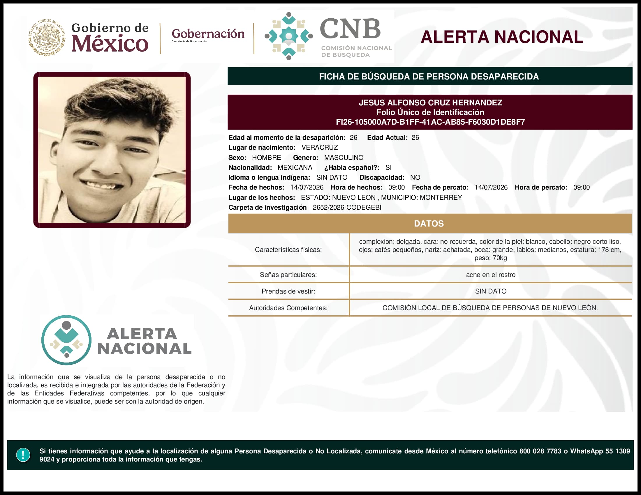 Persona desaparecida Jesus Alfonso Cruz Hernandez